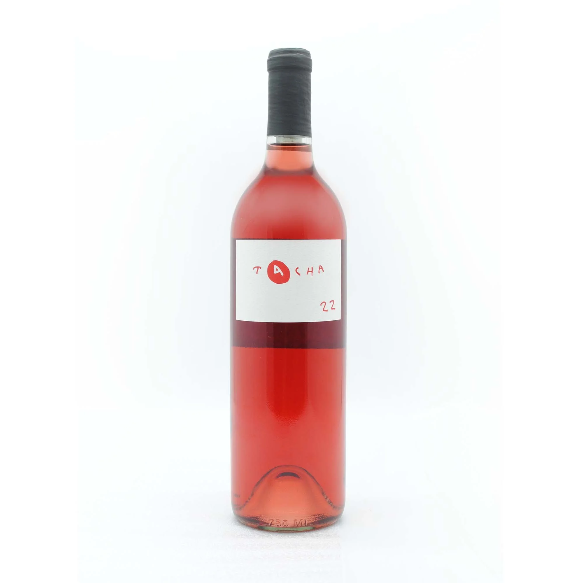 A tall bottle of rosé wine with a black screw cap and a modern white label, featuring a red droplet and handwritten text, set against a plain white background.