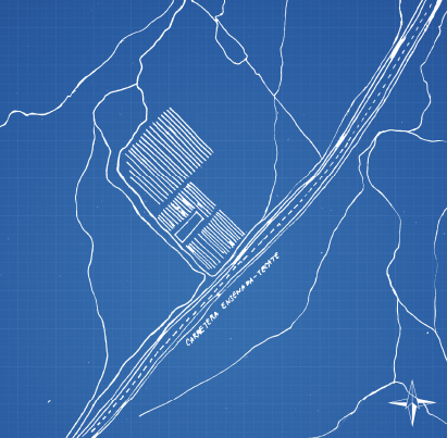Blueprint map showing an area with a highway labeled 'CARS, TAXI, ENTERTAINMENT,' buildings, and nearby terrain.