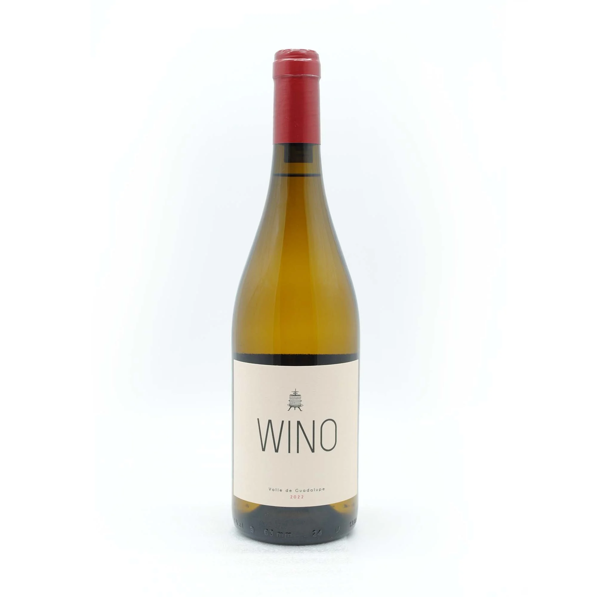 Bottle of white wine with a red foil capsule and a minimalist label that says "WINO" and mentions Valle de Guadalupe 2022, with a small icon of a wine barrel above the text.