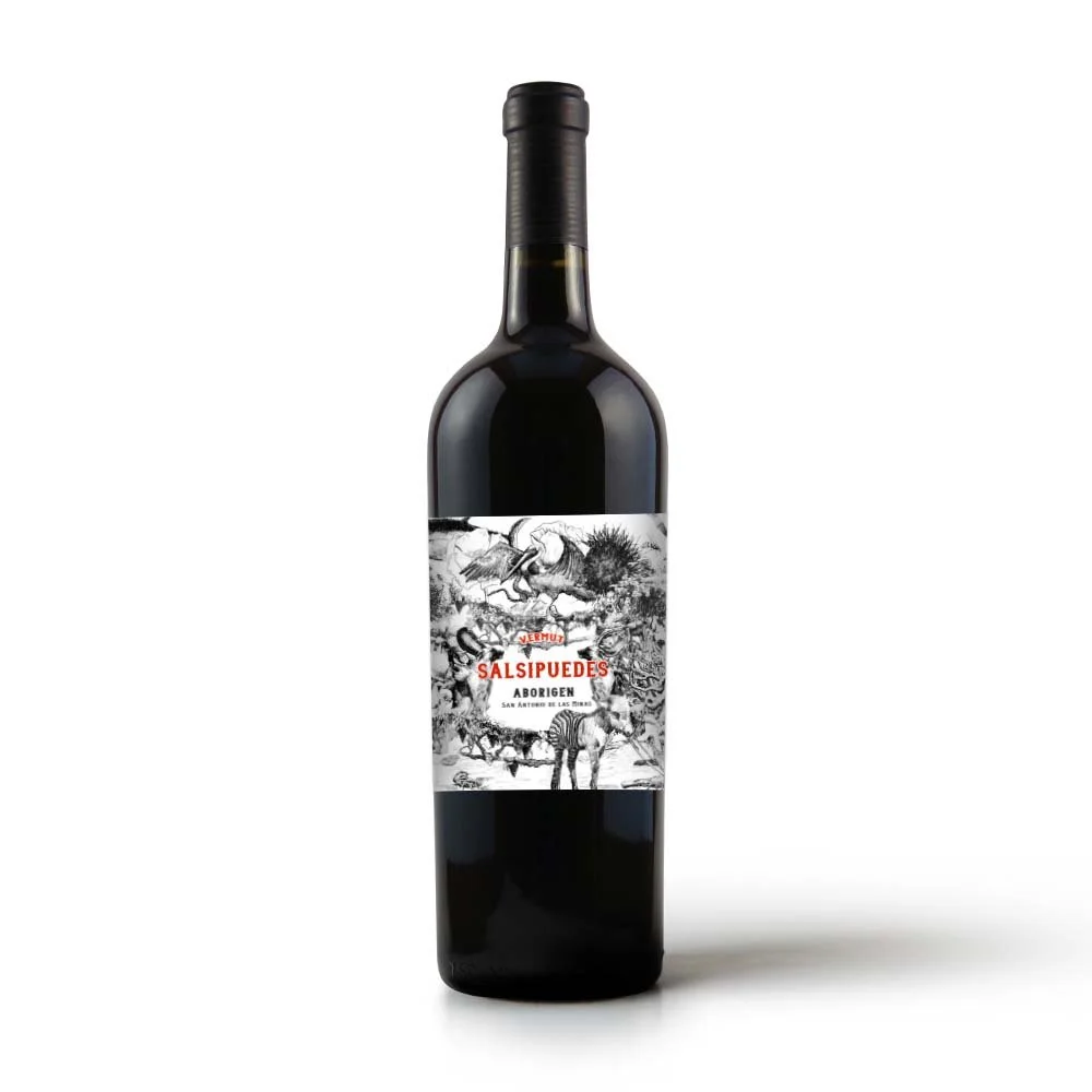 A dark glass bottle of wine with a black and white illustrated label featuring wildlife and the bold red text 'Salsipuedes Aborigen'.