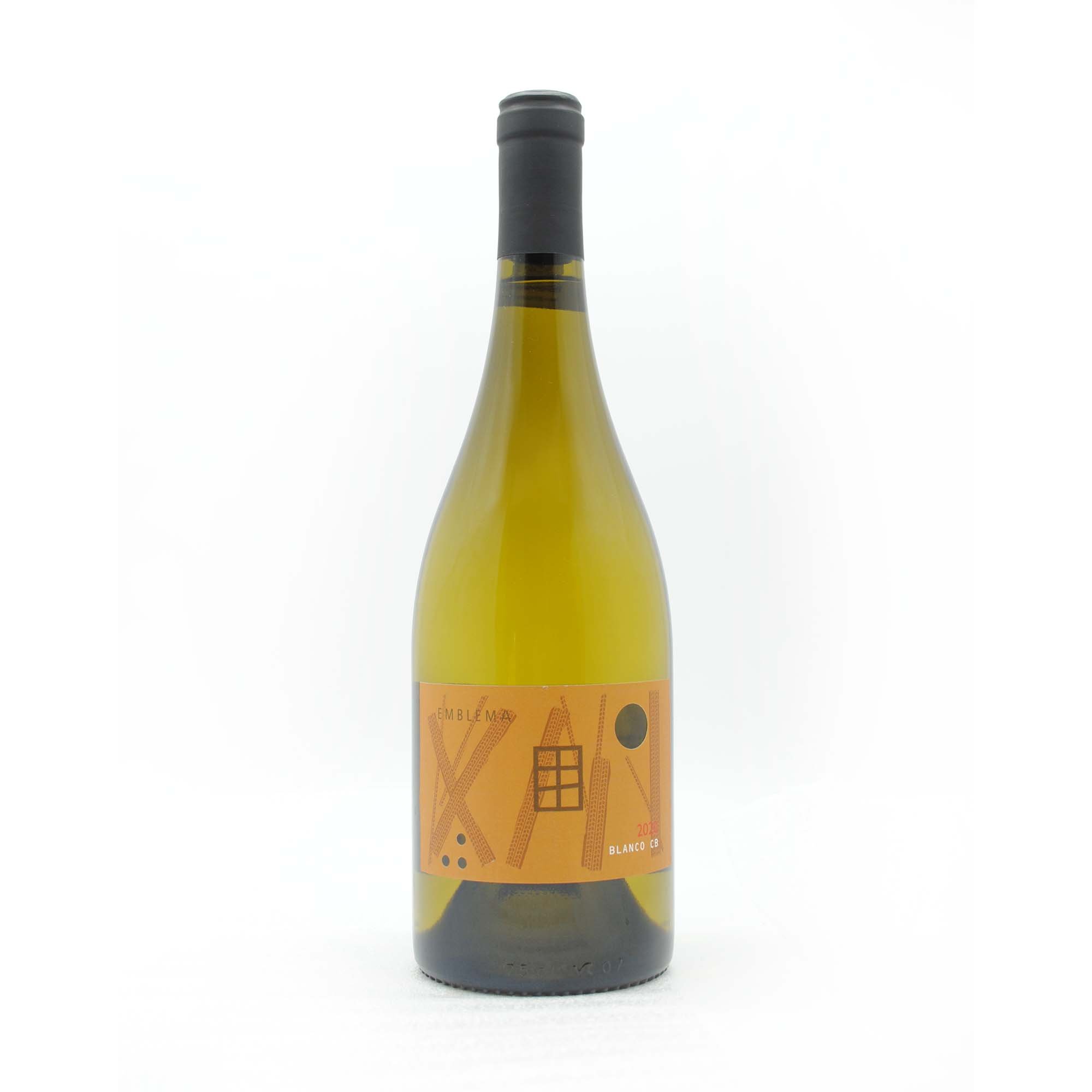 A bottle of white wine with a light orange label and black cap, positioned against a white background.