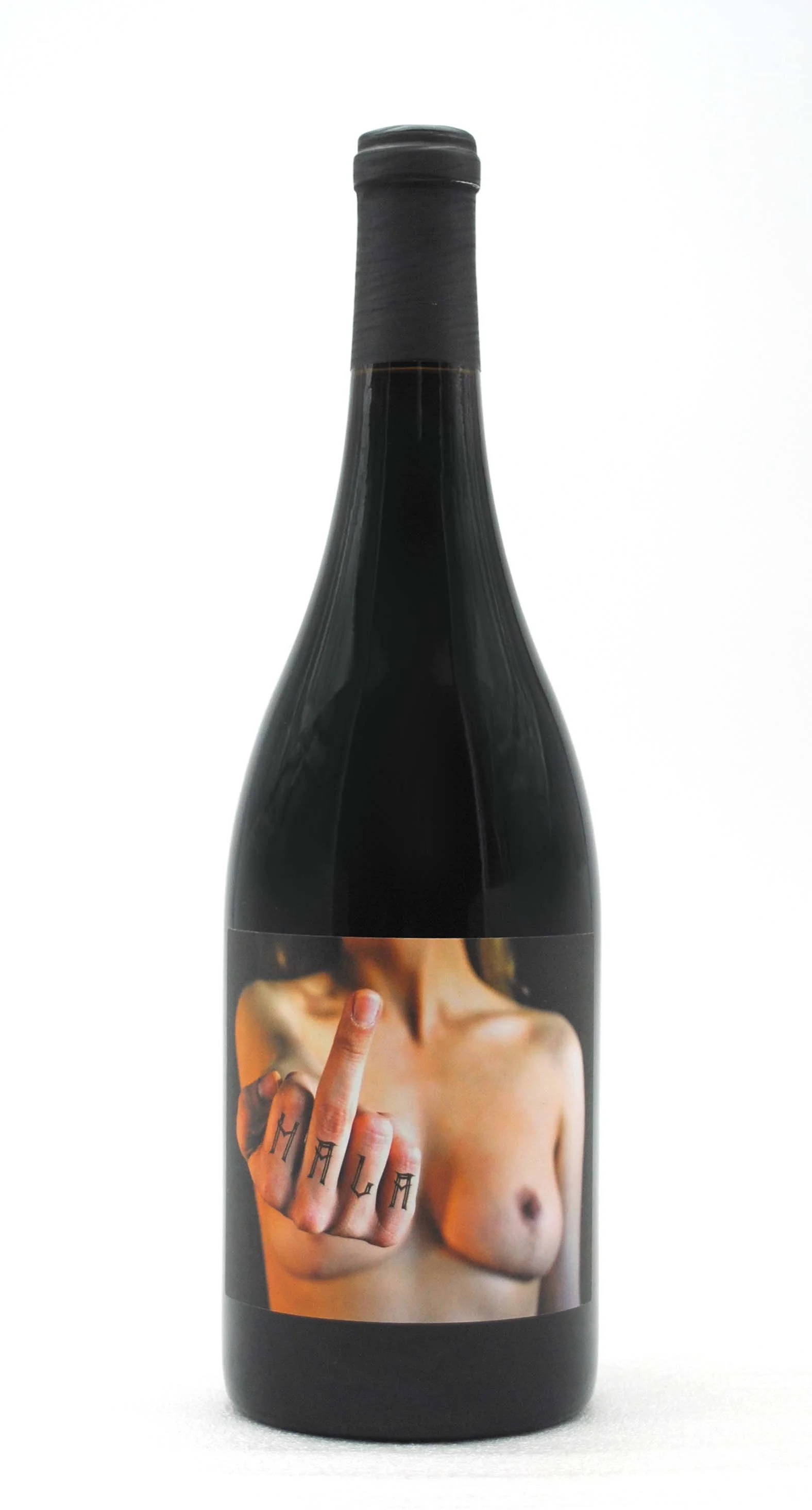A black wine bottle with a label featuring a topless person making an offensive gesture with middle finger, where fingers spell out 'MALM'.