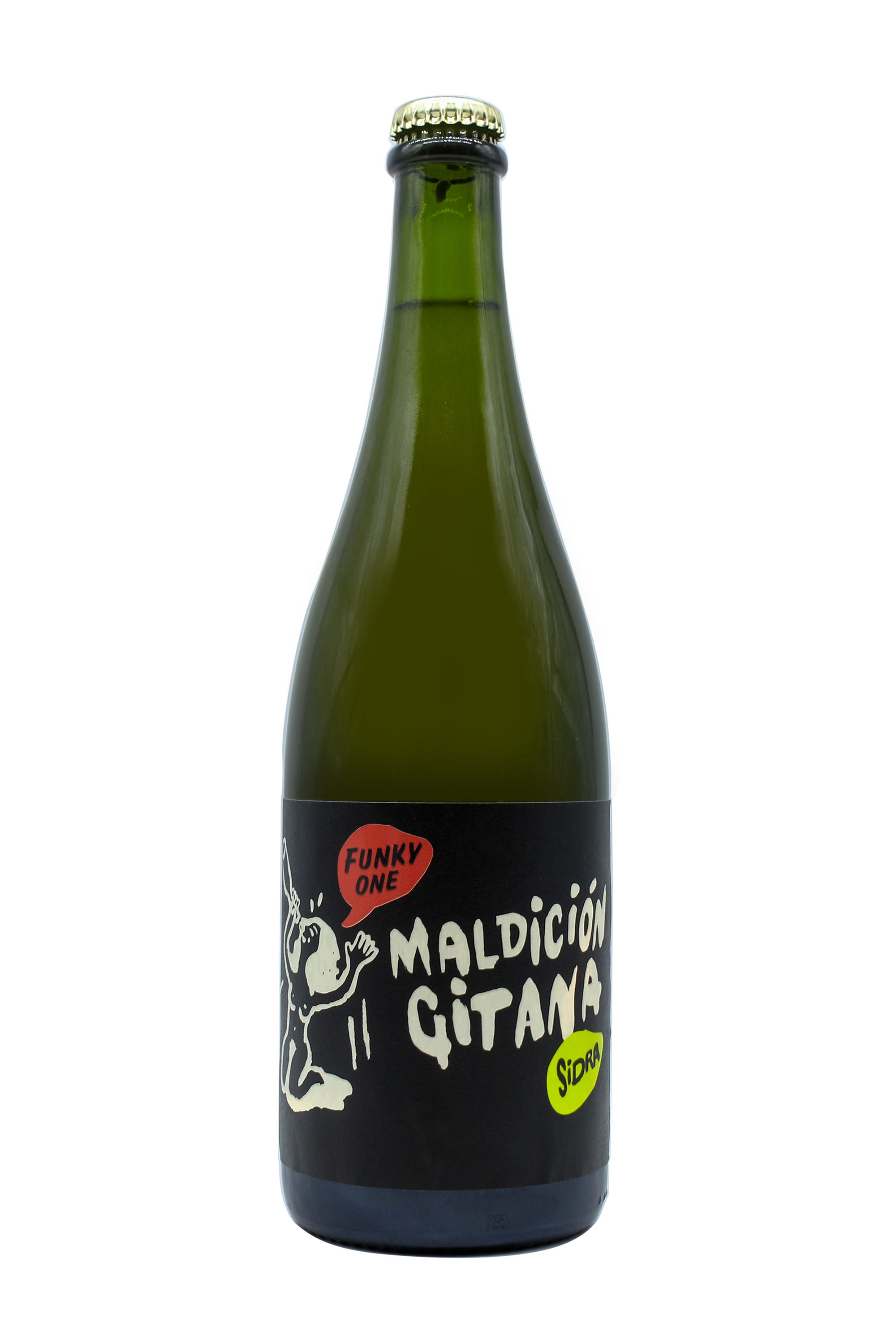 A green glass bottle with a black label featuring white text and colorful graphics.