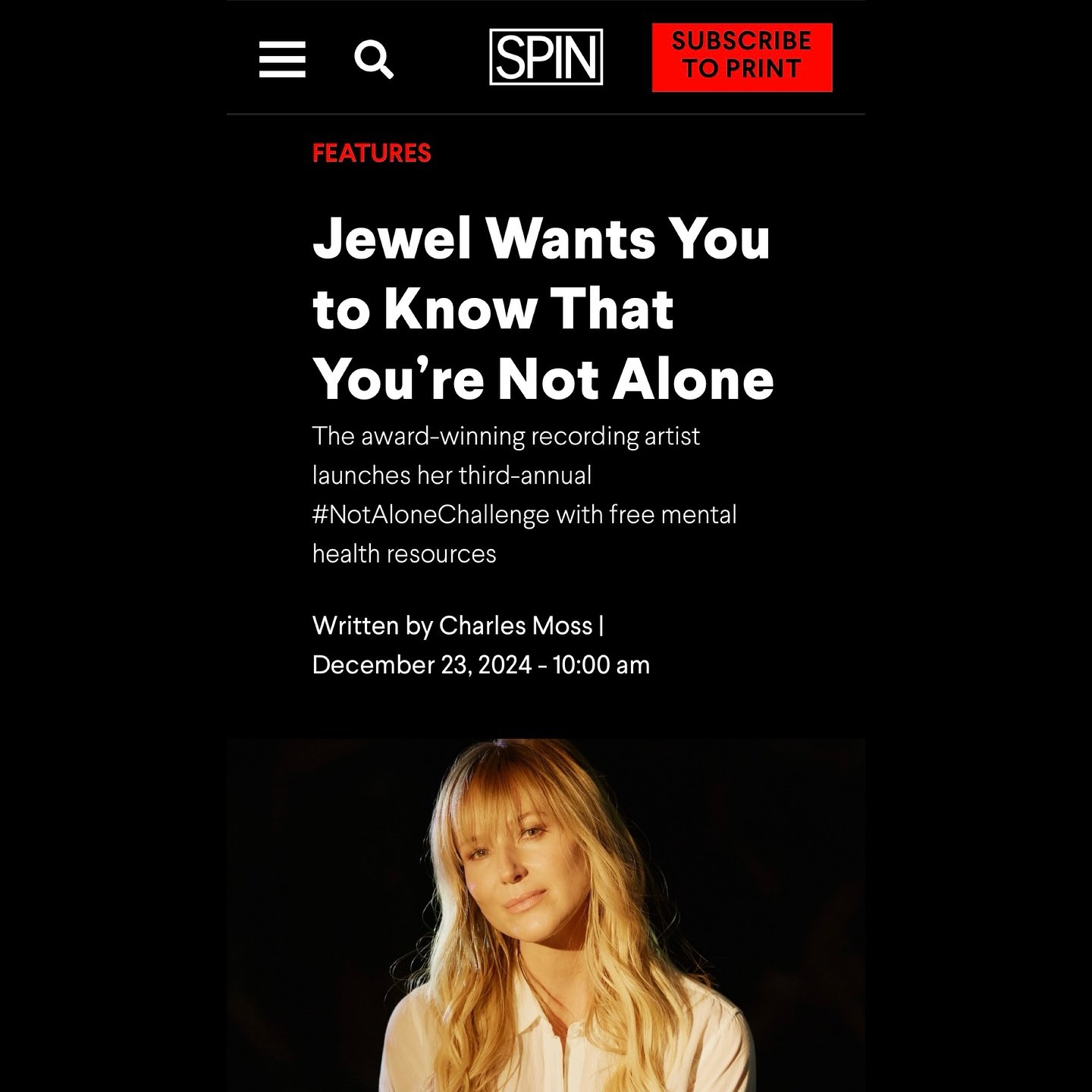 JEWEL WANTS YOU TO KNOW THAT YOU ARE NOT ALONE

We at @inspiringchildren Foundation are excited to share this immensely inspiring feature from @spinmag interviewing @jewel for the @notalonechallenge! View the link in our bio to read the full article!
