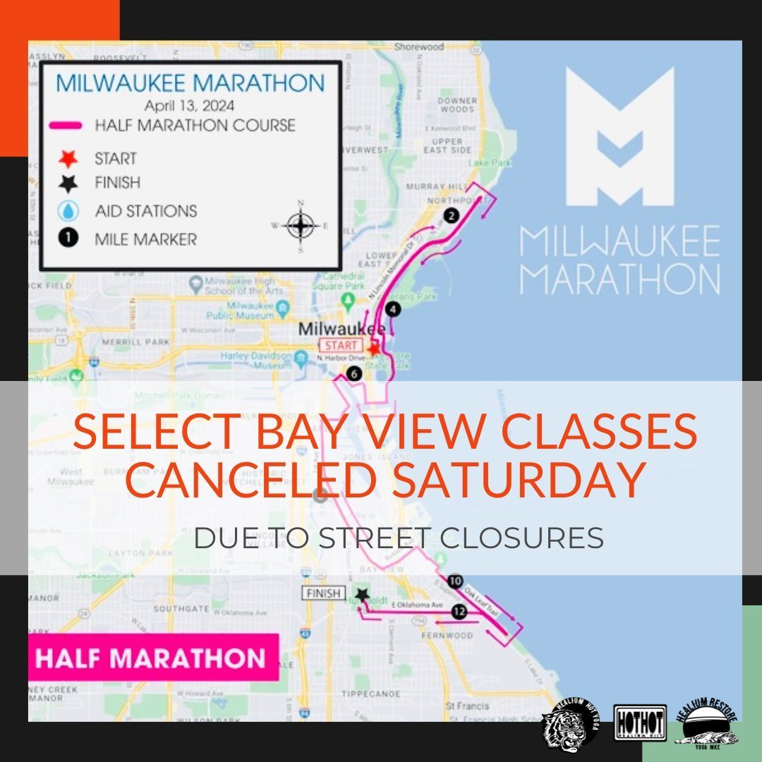 🏃Reduced Classes Saturday🏃&zwj;♀️

The Milwaukee Marathon is coming through Bay View on Saturday April 13th and many of the main streets, including parts of KK Ave, will be CLOSED from 7:00 am-12:00 pm.

The following classes are CANCELED:
⭐️9:00 a