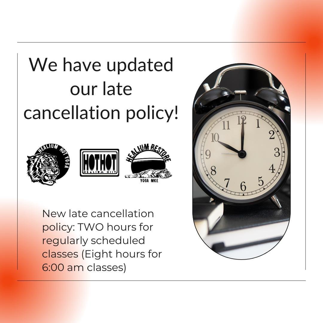 📣NEW CANCELLATION POLICY📣

Starting today, we are changing our late-cancellation policy from six hours down to TWO hours! 
6:00 am classes are changing from 12 hours down to 8 hours. 

Please note that cancellations made less than two hours before 