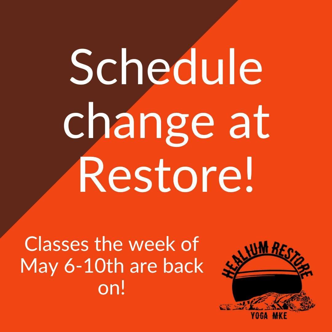 Classes are back on at Restore this week!

The roof replacement affecting Healium Restore, Milwaukee Community Acupuncture and Cafe Centraal originally happening the week of May 6th has been rescheduled to the week of May 13th&hellip;which means that