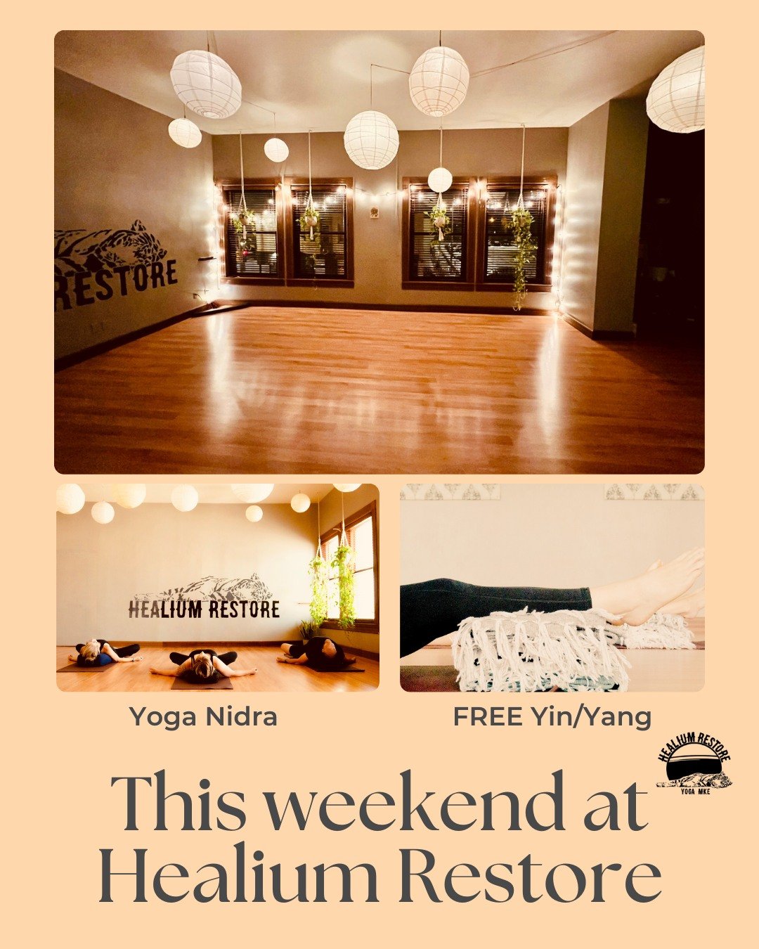 ✨This weekend at Healium Restore✨

✨FREE Yin/Yang Yoga*
⭐️Saturday 8:30-9:30am

✨Yoga Nidra w/Becky
⭐️Sunday June 22nd 9:30-10:45am
⭐️Included in packages &amp; memberships 

✨Candle Light Yin 
⭐️every Sunday at 5:30pm

*while this is a FREE class, s