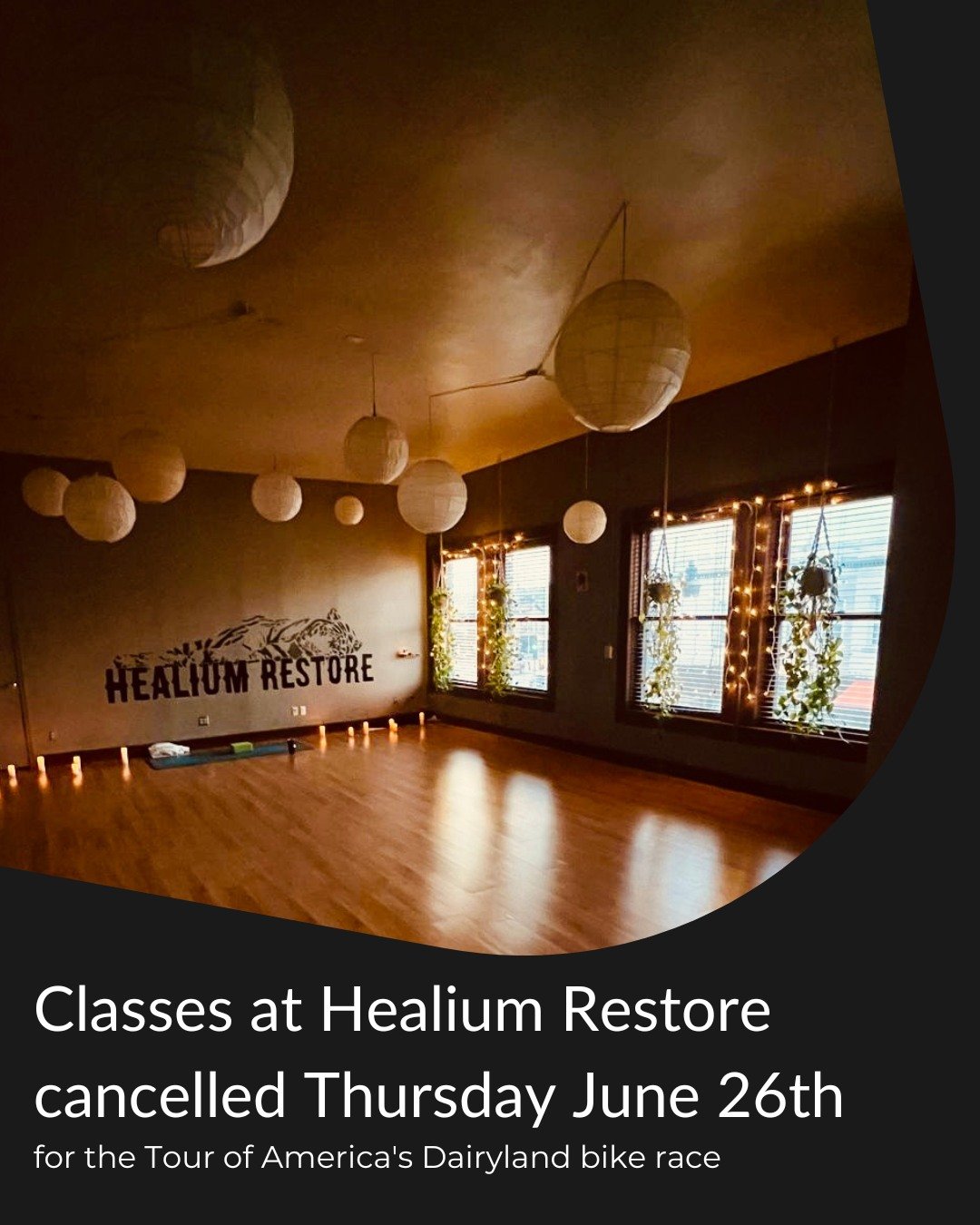 Class cancellations Thursday at Restore 

Due to the bike race happening on Thursday, Healium Restore&rsquo;s Thursday&rsquo;s 10:00 am Yin Yoga class and the 6:00pm Restorative Yoga classes are canceled. Streets surrounding Restore/MCA will be close