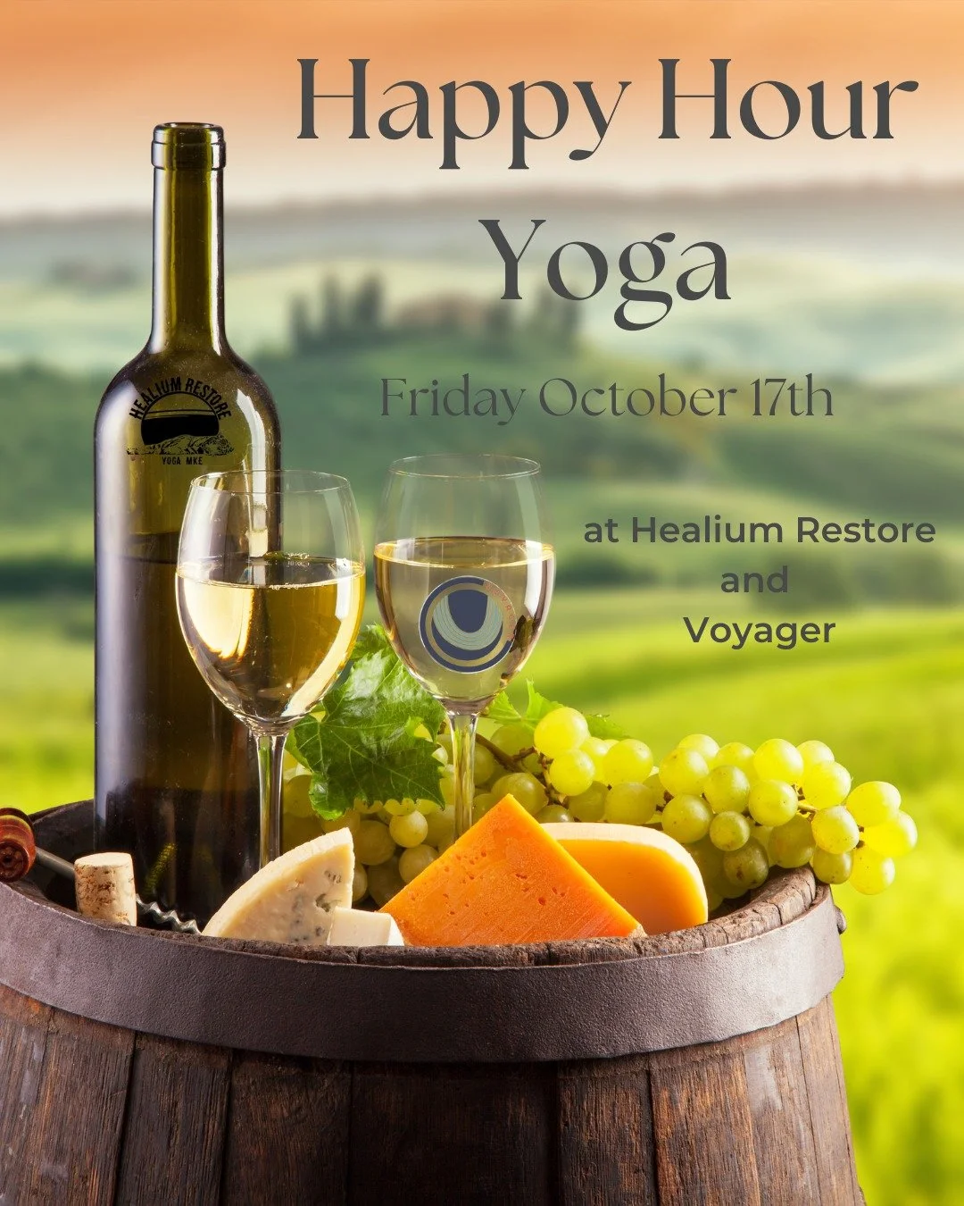 Happy Hour Yoga

Join Kayla for Happy Hour Yoga at Healium Restore and wine at Voyager this Friday October 17th from 6:00-7:00 pm! 

Truly the best way to end your week: moving your body and enjoying a glass of wine with fellow yogis. Join us for a f