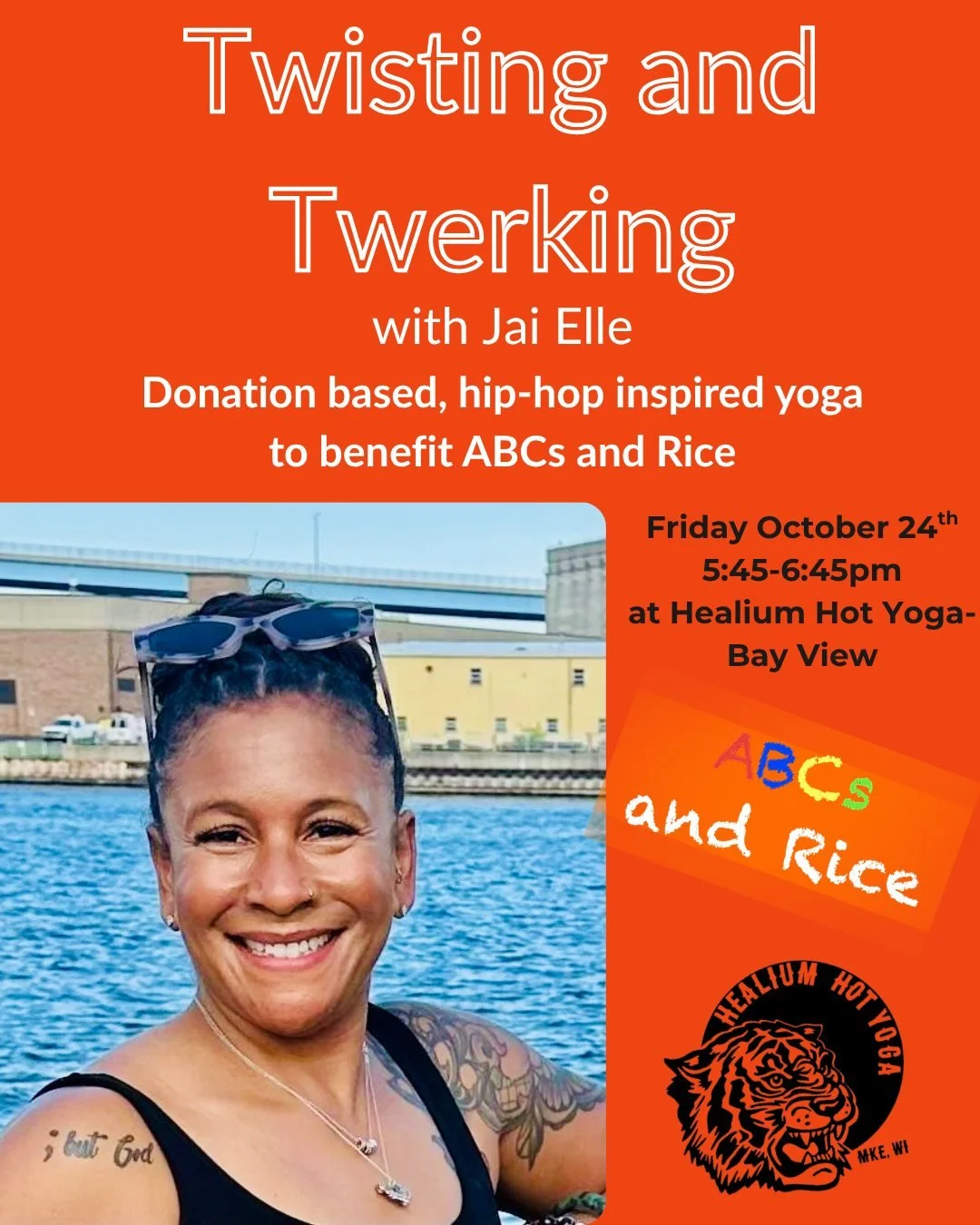 Twisting &amp; Twerking 
with special guest teacher Jai Elle! 

What&rsquo;s your Niyama? In this time of chaos and confusion, let us remember love and joy.
Join Jai on October 24th from 5:45-6:45pm at Healium Hot Yoga-Bay View for an energetic hip h
