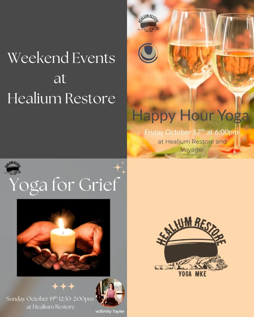 ✨This weekend at Healium Restore✨

✨Happy Hour Yoga
⭐️ Friday 6:00-7:00pm 
⭐️w/Kayla, wine at Voyager! 

✨Healing Through Loss
⭐️Sunday 12:30-2:00pm
⭐️w/Emily Tayler 

Register: link in profile
@voyager_mke
@fireandearthyoga