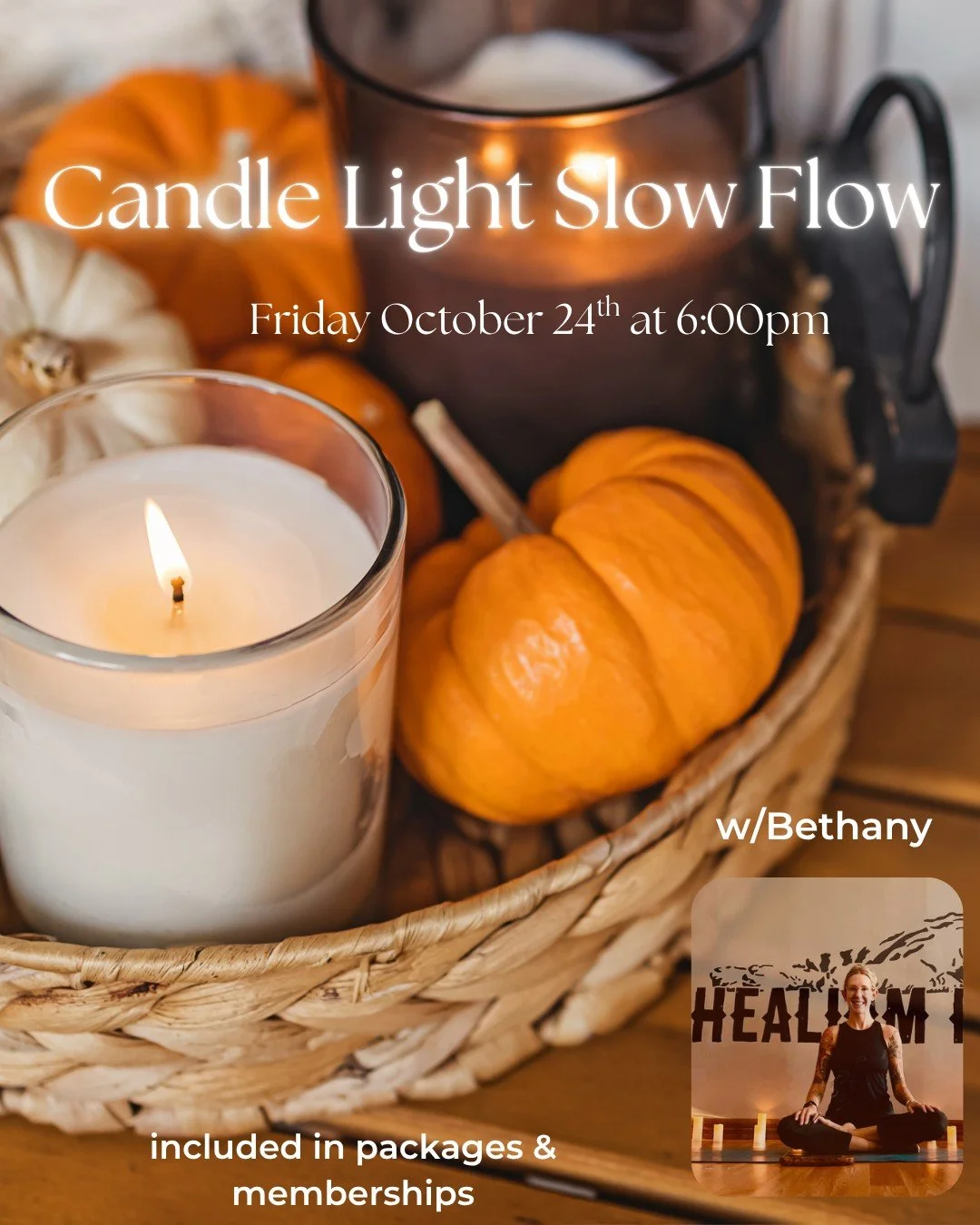 Candle Light Slow Flow

Join Bethany on Friday October 24th from 6:00-7:15 pm at Healium Restore for a slower paced flow class with true intention to connect to body and breath. This class will be dimly lit by the glow of candles to invite in a calmi