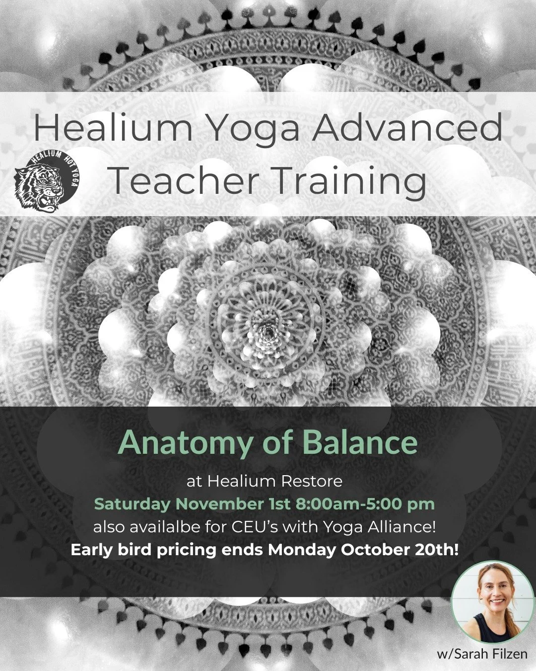 Anatomy of Balance 
Early Bird pricing ends October 20th

This event is a Healium 300 hour Yoga Teacher Training Module; it is also available for 8 Continuing Education Credits* with Yoga Alliance and open to ALL curious students!

Join Sarah Filzen,