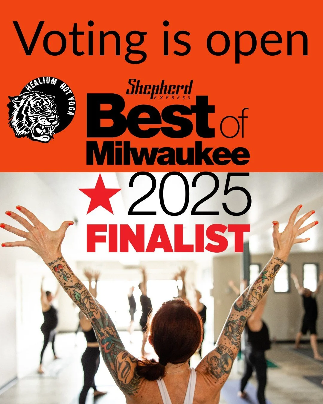 ⭐️BEST OF MILWAUKEE⭐️

🙌Thanks to you all for nominating Healium Hot Yoga for Best Yoga Studio and Healium HIIT for Best Boutique Fitness🙌

⭐️We&rsquo;re in the final rounds for both categories! Please considering voting for us 🤗Finalist round of 