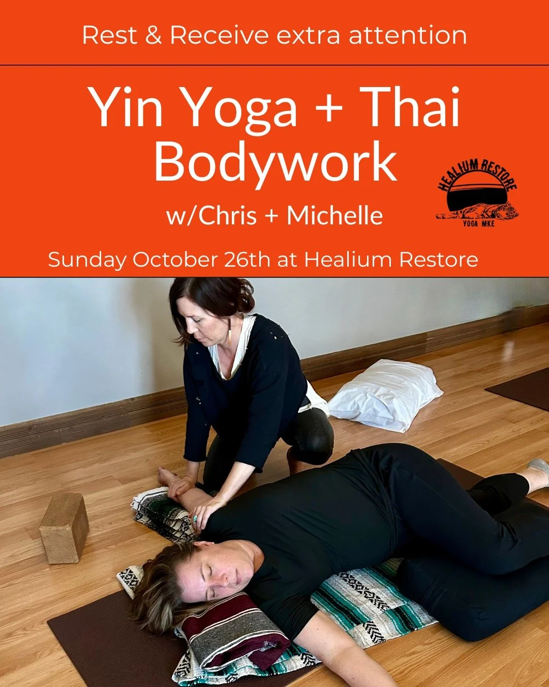 Yin Yoga + Thai Bodywork

Rest and receive extra attention with a Yin Yoga + Thai Bodywork session this Sunday October 26th from 10:00-11:30am at Healium Restore.

Join Michelle and Chris for a nourishing workshop that will guide you through a sequen