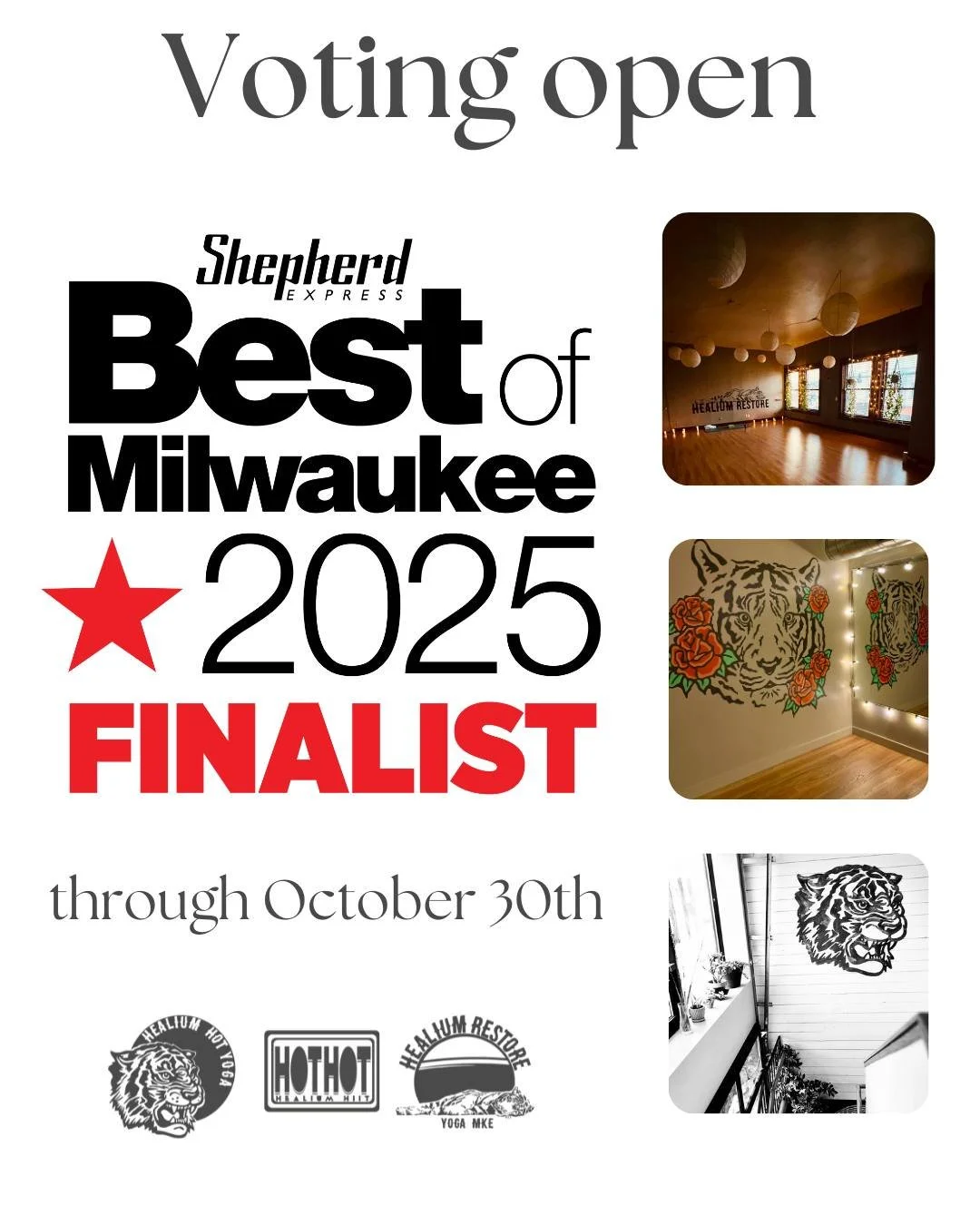 ⭐️BEST OF MILWAUKEE⭐️

🙌Thanks to you all for nominating Healium Hot Yoga for Best Yoga Studio and Healium HIIT for Best Boutique Fitness🙌

⭐️We&rsquo;re in the final rounds for both categories! Please considering voting for us 🤗Finalist round of 