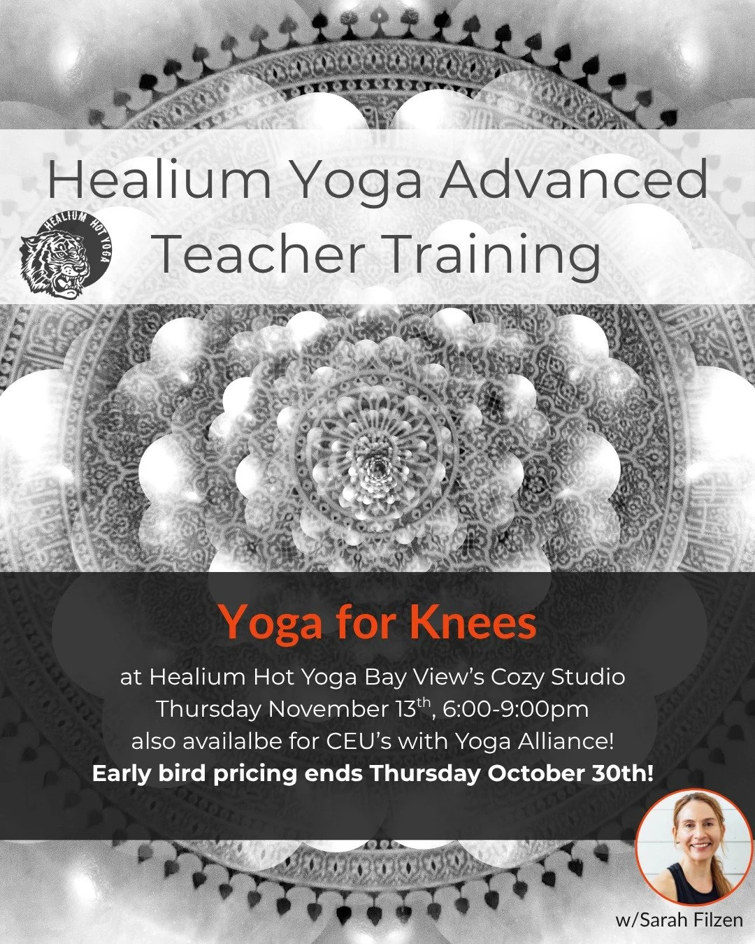 Yoga For Knees
Early bird pricing ends October 30th!

Join Sarah Filzen, eRYT 500, at Healium Hot Yoga-Bay View&rsquo;s Cozy studio on Thursday November 13th from 6:00-9:00pm for an evening workshop that will focus on the anatomy of the knee, explore