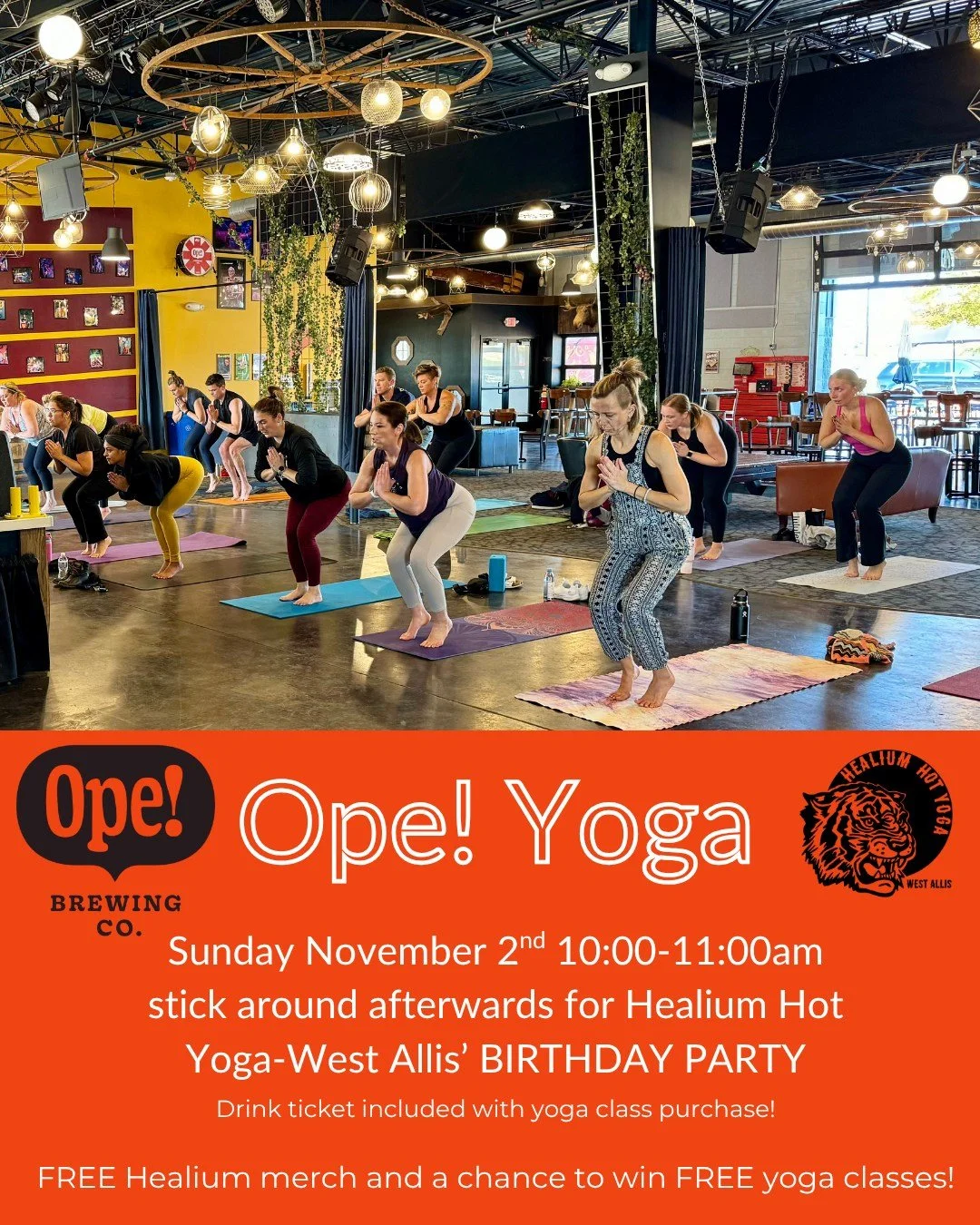 Ope! Yoga
At Ope! Brewing

Join Kate for an hour of all-level yoga at Ope! Brewing Co.&rsquo;s Taproom in West Allis on Sunday November 2nd from 10:00-11:00am! This fun and lightly spirited class includes a pour of your choice of beer or seltzer (21+