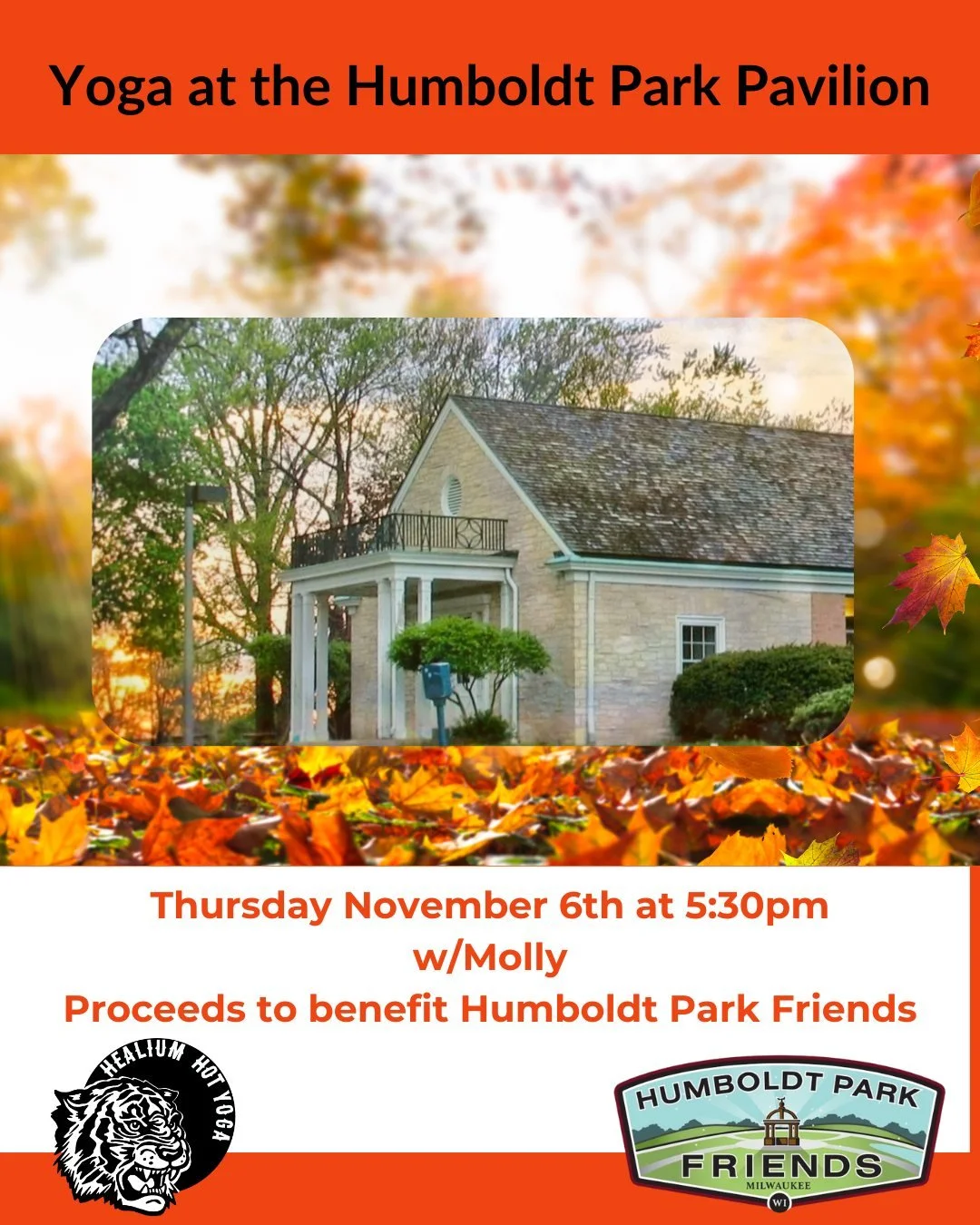 Yoga at the Humboldt Park Pavilion

Join Molly on Thursday November 6th from 5:30-6:30pm in the Humboldt Park Pavilion for a non-heated, one hour vinyasa flow that will work your whole body. All levels are welcome to participate! 

Bring your own mat