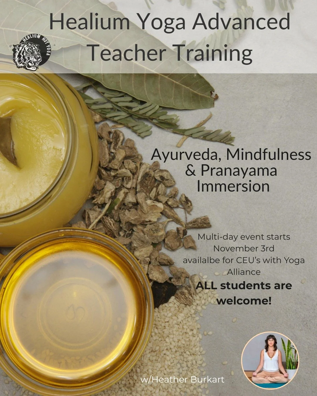 Ayurveda, Mindfulness &amp; Pranayama Immersion
Starts on Monday! 

Join Heather Burkart, eRYT 500, for a weekend-long (plus 2 virtual evenings) immersion that offers an in-depth dive into the Ayurvedic perspective on pranayama, meditation, and mindf