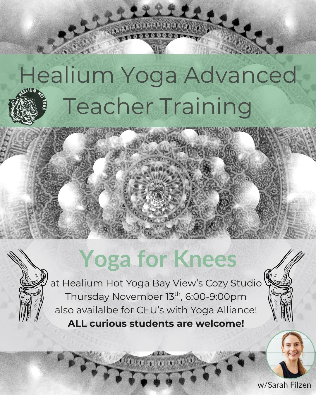 Yoga For Knees

Join Sarah Filzen, eRYT 500, at Healium Hot Yoga-Bay View&rsquo;s Cozy studio on Thursday November 13th from 6:00-9:00pm for an evening workshop that will focus on the anatomy of the knee, explore asanas&rsquo; effects and use of the 