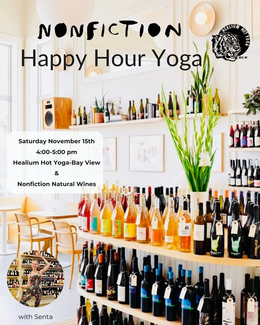 🍷Happy Hour Yoga w/Nonfiction Wines🍷

Join Senta on Saturday November 15th from 4:00-5:00pm for Happy Hour at Healium Hot Yoga Bay View in collaboration with Nonfiction Natural Wines! 

Ease into your Saturday evening with an hour of mildly heated 