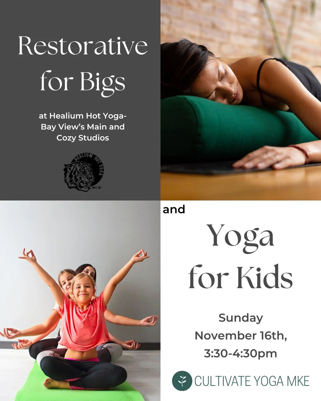 Restorative for Bigs and Yoga for Kids

Are you a parent or caregiver who needs a break? Maybe a little time to take care of your mind and body... and get some peace and quiet away from your tiny human? 

Do you wish you could go to yoga but it's har