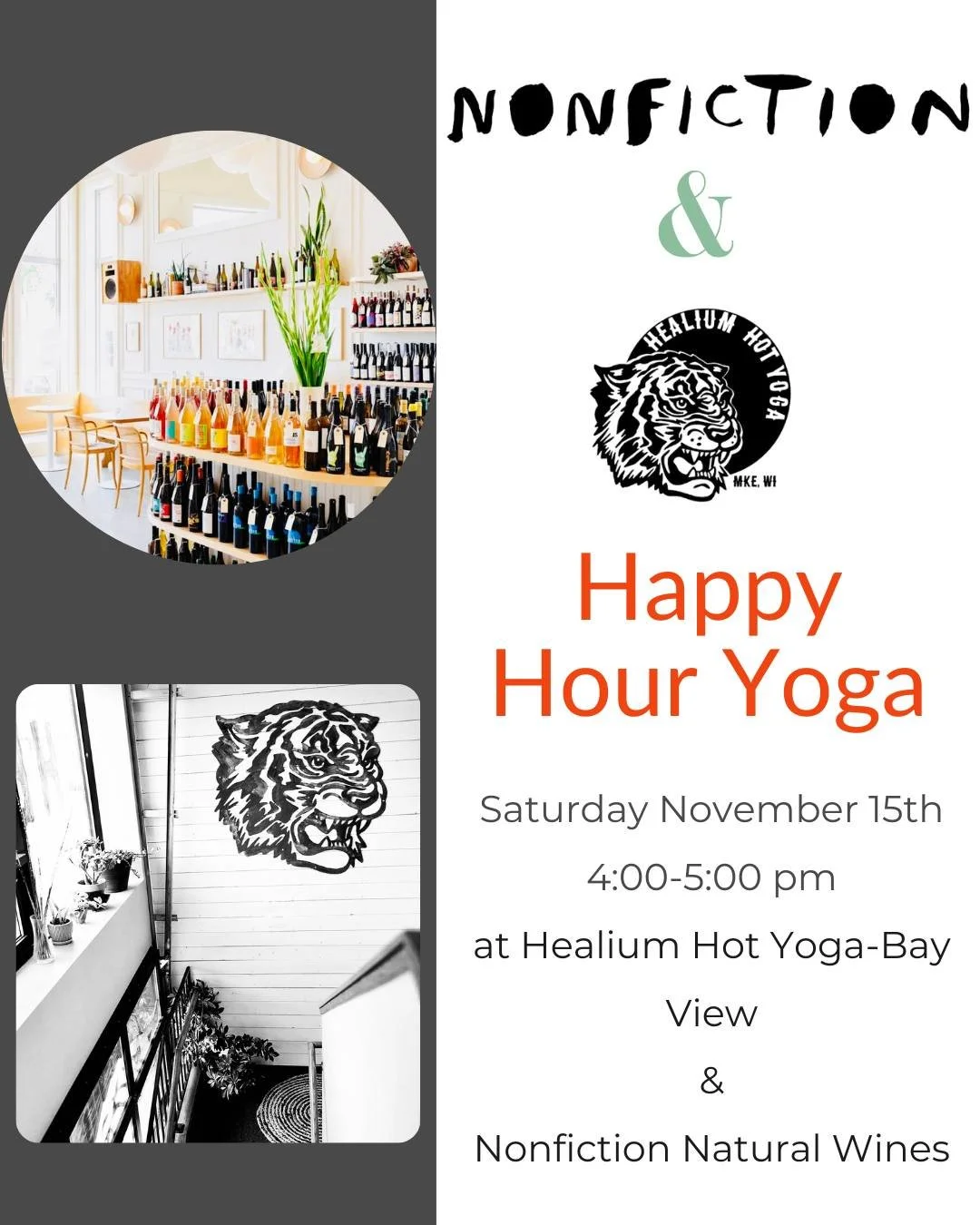 Join Senta this Saturday November 15th from 4:00-5:00pm for Happy Hour at Healium Hot Yoga Bay View in collaboration with Nonfiction Natural Wines! 

Ease into your Saturday evening with an hour of mildly heated vinyasa flow (so you don&rsquo;t get t