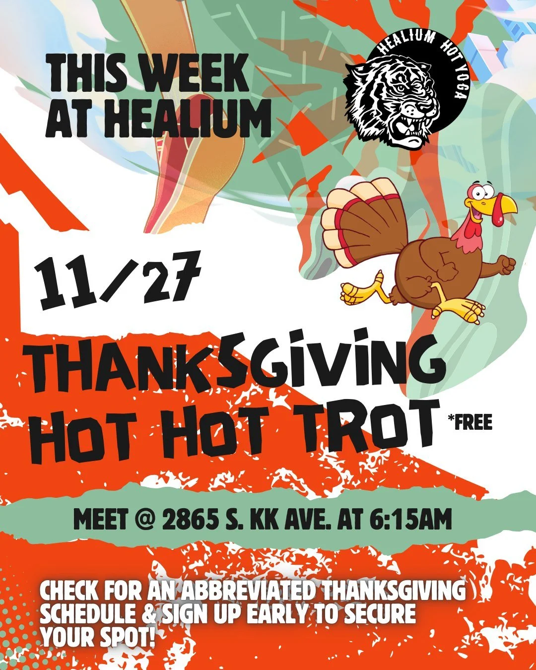 Join us Thanksgiving morning for our FREE Turkey Trot 5k! Nov 27 &bull; Meet 6:15am &bull; Run 6:30am at Healium HIIT. 🦃🏃&zwj;♀️🏃&zwj;♂️All levels welcome. Sign up so we can notify you if weather changes.

Make sure you check for an abbreviated sc