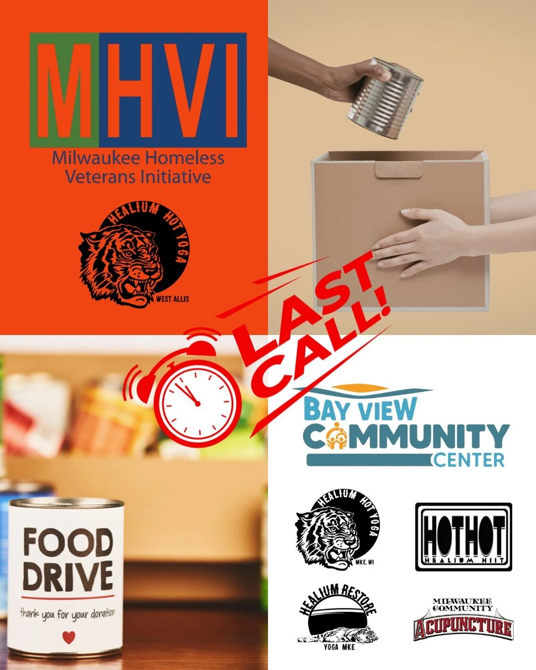Last call for donations!

We are wrapping up our food and hygiene drive at our studios this weekend! 

We have set out boxes at each of our locations to collect items urgently in need in our communities. At Healium Hot Yoga-Bay View, Healium HIIT and
