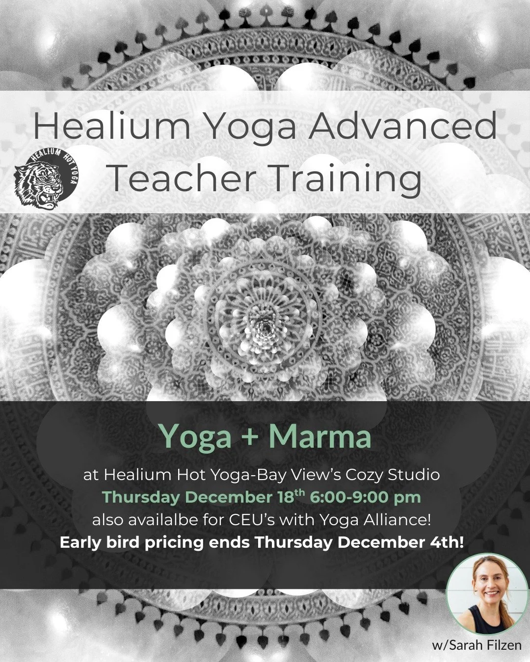 Yoga + Marma 
Early Bird pricing ends December 4th

Join Sarah Filzen, eRYT 500, at Healium Hot Yoga-Bay View&rsquo;s Cozy studio on Thursday December 18th 6:00-9:00pm This module will explore the identification of marma points on the body and their 