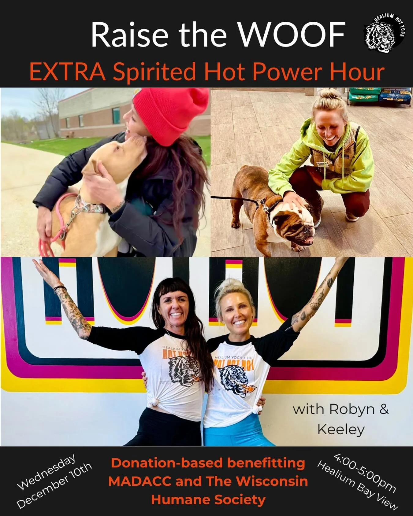Keeley and Robyn raise the WOOF! 

Join Keeley and Robyn on Wednesday December 10th from 4:00-5:00pm for an EXTRA Spirited Power Hour - they will tag team 60 minutes of all the sweaty stuff you love to hate in this extra fiery power hour raising mone