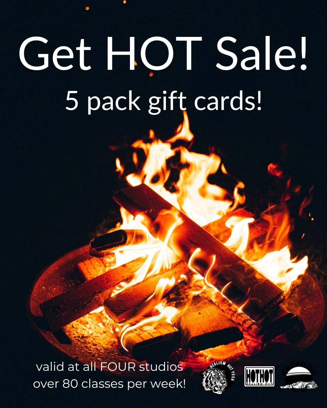 🔥GET HOT! SALE🔥
Give the gift of wellness this holiday

Our 5-packs are on sale! 
Both our regular 5 packs and gift cards!
For use at ALL 4 of our locations including yoga and HIIT. 
Over 80 classes a week to choose from!

Purchase: link in profile