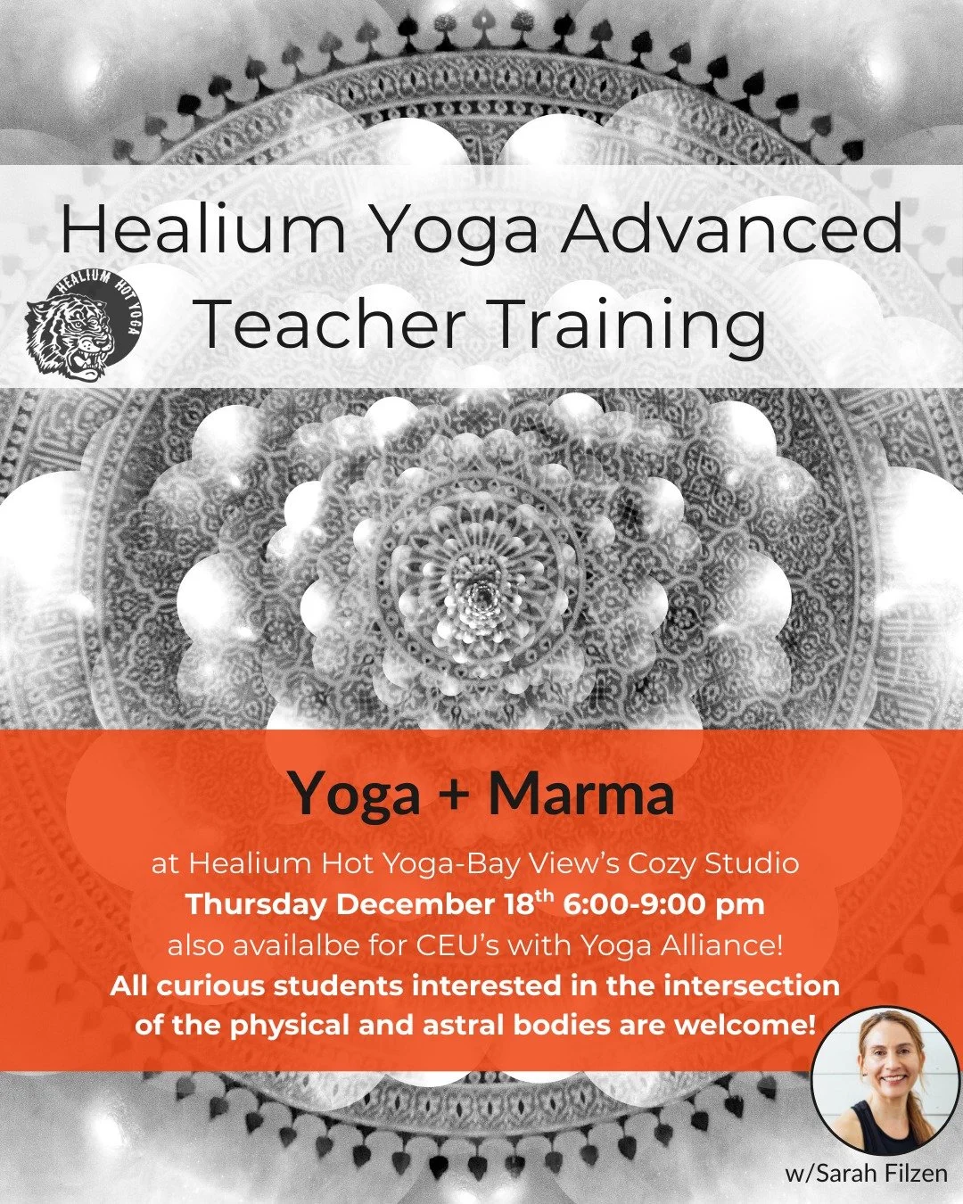 Yoga + Marma

Join Sarah Filzen, eRYT 500, at Healium Hot Yoga-Bay View&rsquo;s Cozy studio on Thursday December 18th 6:00-9:00pm This module will explore the identification of marma points on the body and their anatomical counterparts. We will pract
