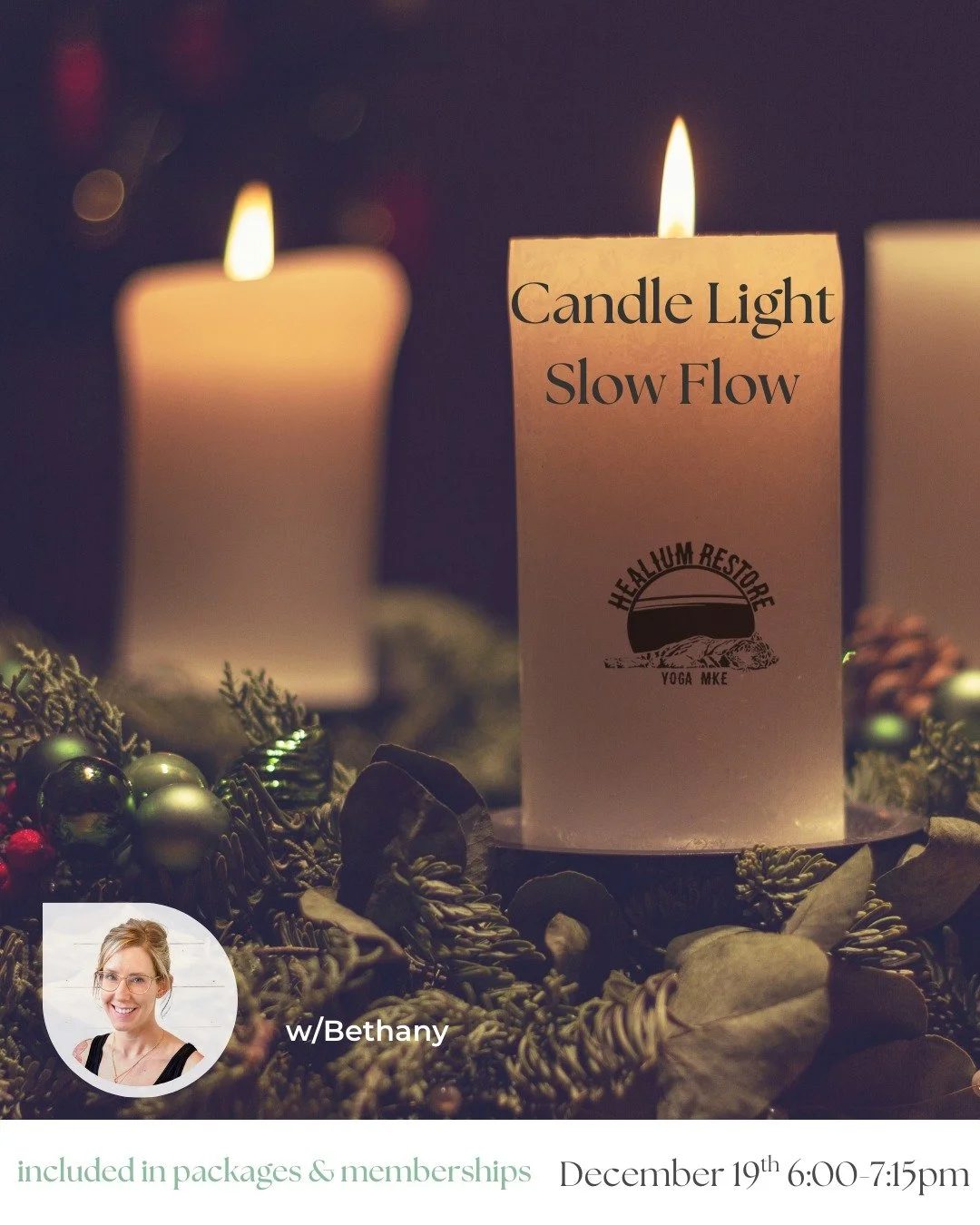 Candle Light Slow Flow

Join Bethany on Friday December 19th from 6:00-7:15 pm at Healium Restore for a slower paced flow class with true intention to connect to body and breath. This class will be dimly lit by the glow of candles to invite in a calm