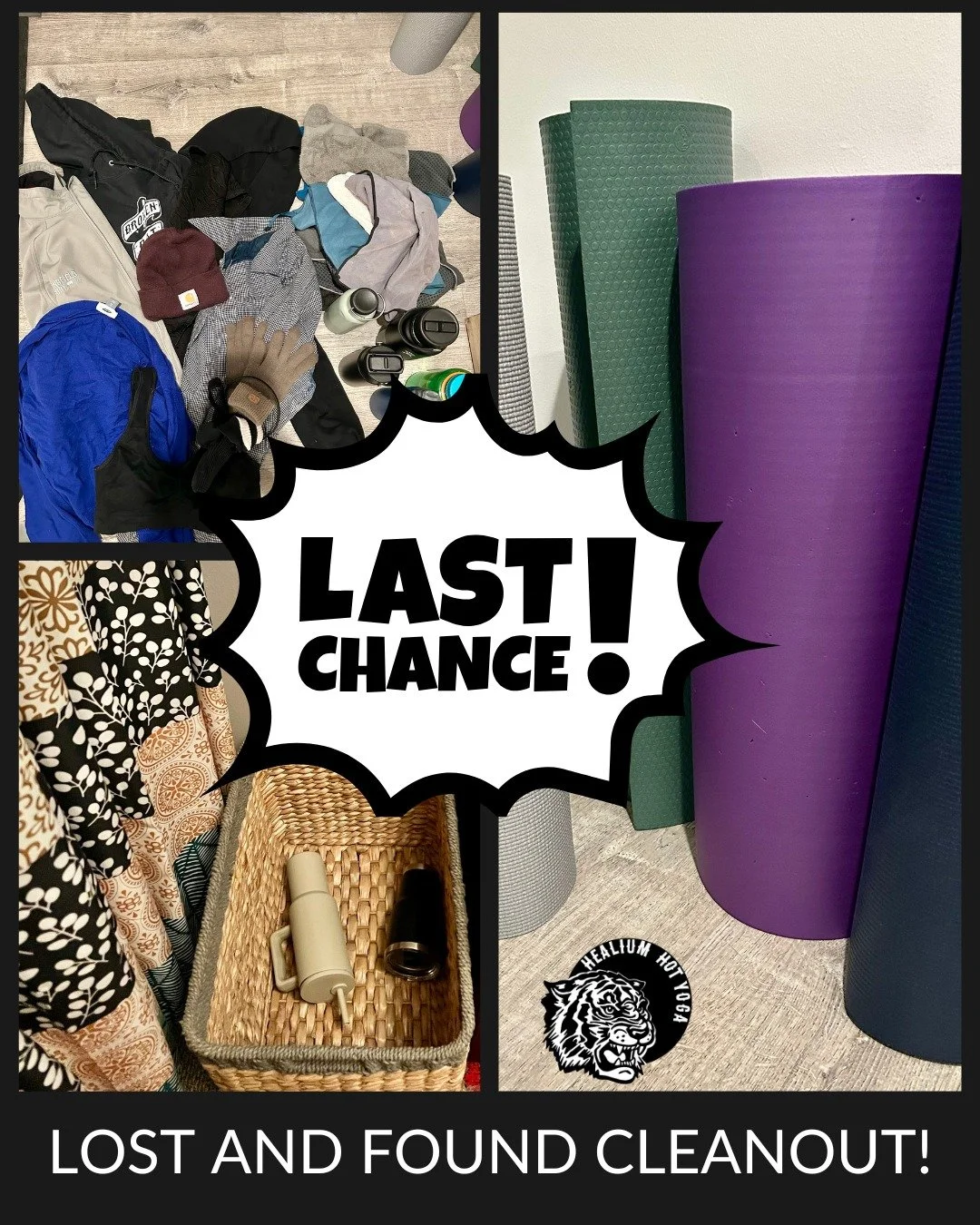Last Chance!
LOST AND FOUND CLEANOUT

If you&rsquo;ve left anything behind at Healium Hot Yoga Bay View, Healium Hot Yoga West Allis or Healium Restore like mats, shirts, water bottles, towels, etc please retrieve them by Monday December 15th &mdash;