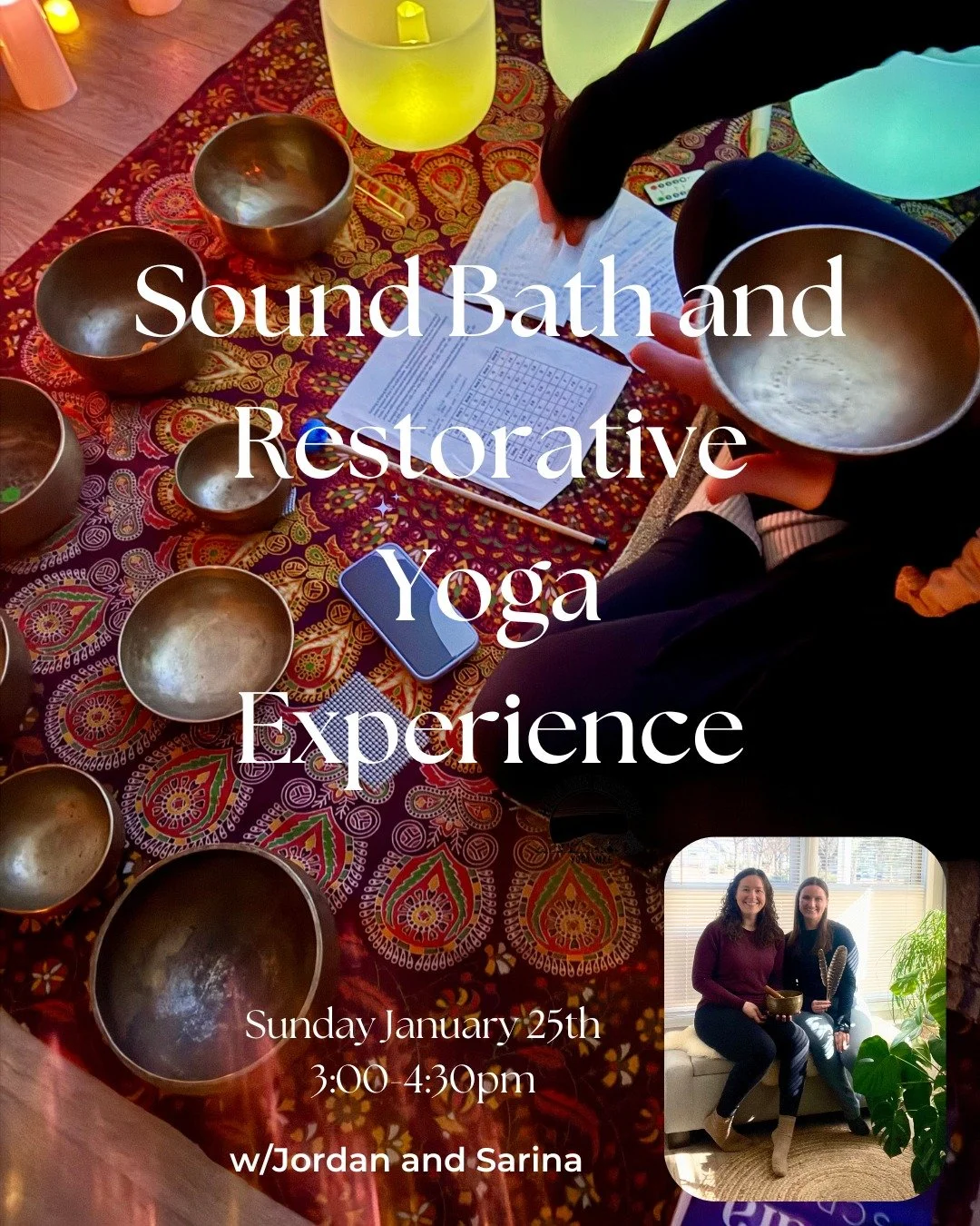 Sound Bath and Restorative Yoga Experience

Sarina and Jordan invite you to surrender into an afternoon of Restorative Yoga + Sound Bath on Sunday January 25th 3:00-4:30pm, at Healium Restore. Each wonderfully supported restorative pose will be held 