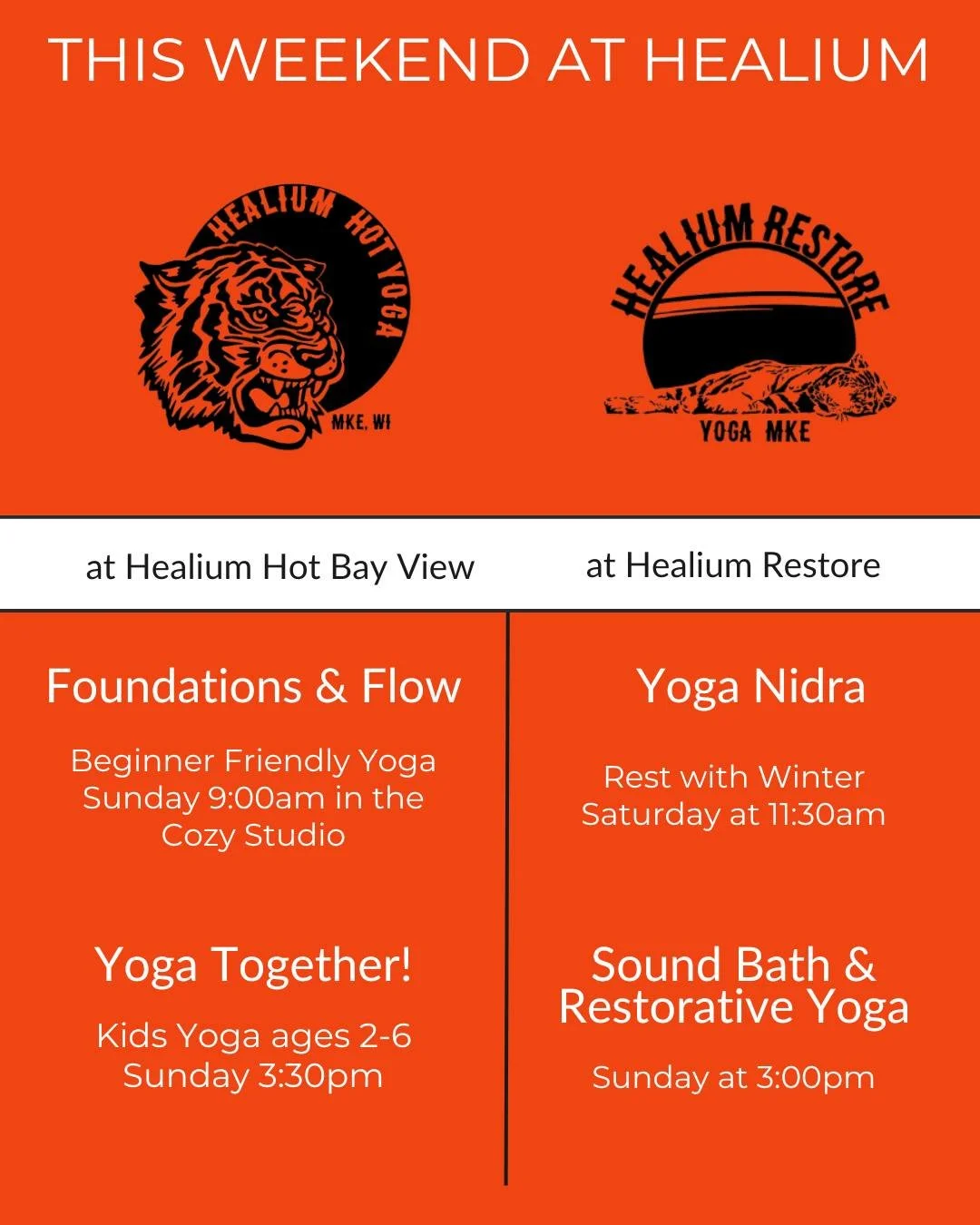 This weekend at Healium!

Yoga Nidra at Healium Restore
Saturday 11:30am-12:30pm 
w/Becky, included in packages &amp; memberships

Foundations &amp; Flow
at Healium Hot Yoga-Bay View, Cozy Studio
Sunday 9:00-10:00am
w/Andy, beginner friendly yoga!

S