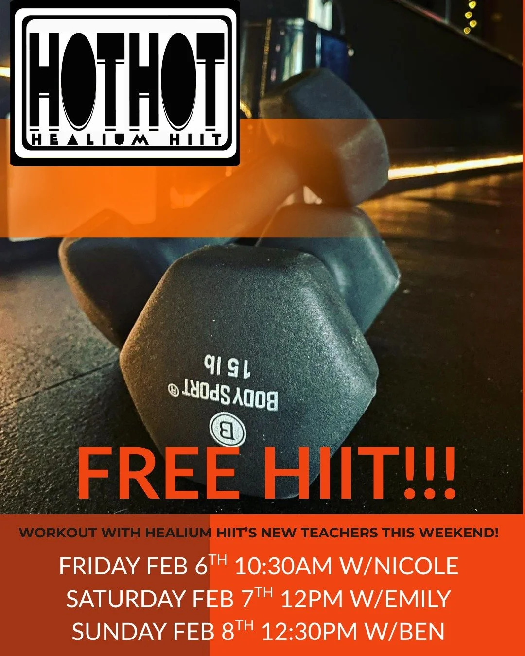 FREE HIIT CLASSES THIS WEEKEND

Workout with Healium HIIT&rsquo;s new teachers for FREE* this weekend! 
Friday February 6th 10:30am with Nicole
Saturday February 7th 12:00pm with Emily
Sunday February 8th 12:30pm with Ben 

Please note!
Clean athleti