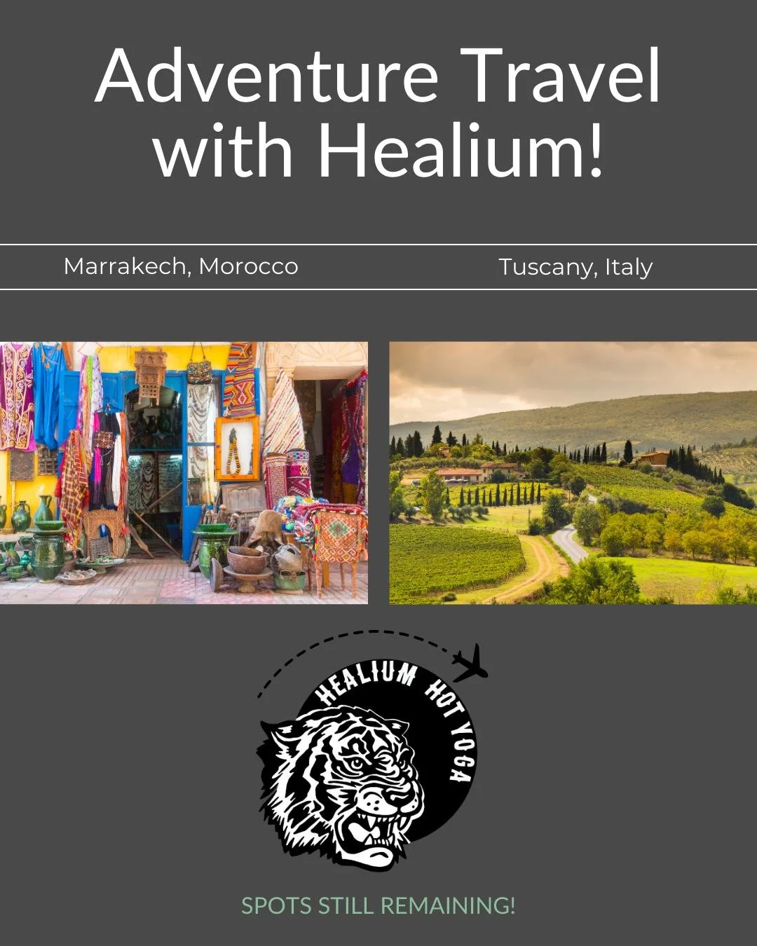 Morocco this April!
Tuscany in September!

Spots still remain for Healium&rsquo;s adventures this spring and fall! 

Join Kate and Bethany in Morocco April 4th-10th: yoga, hiking, desert hot air balloon ride, cycling, culture, food!

Join Robyn and M
