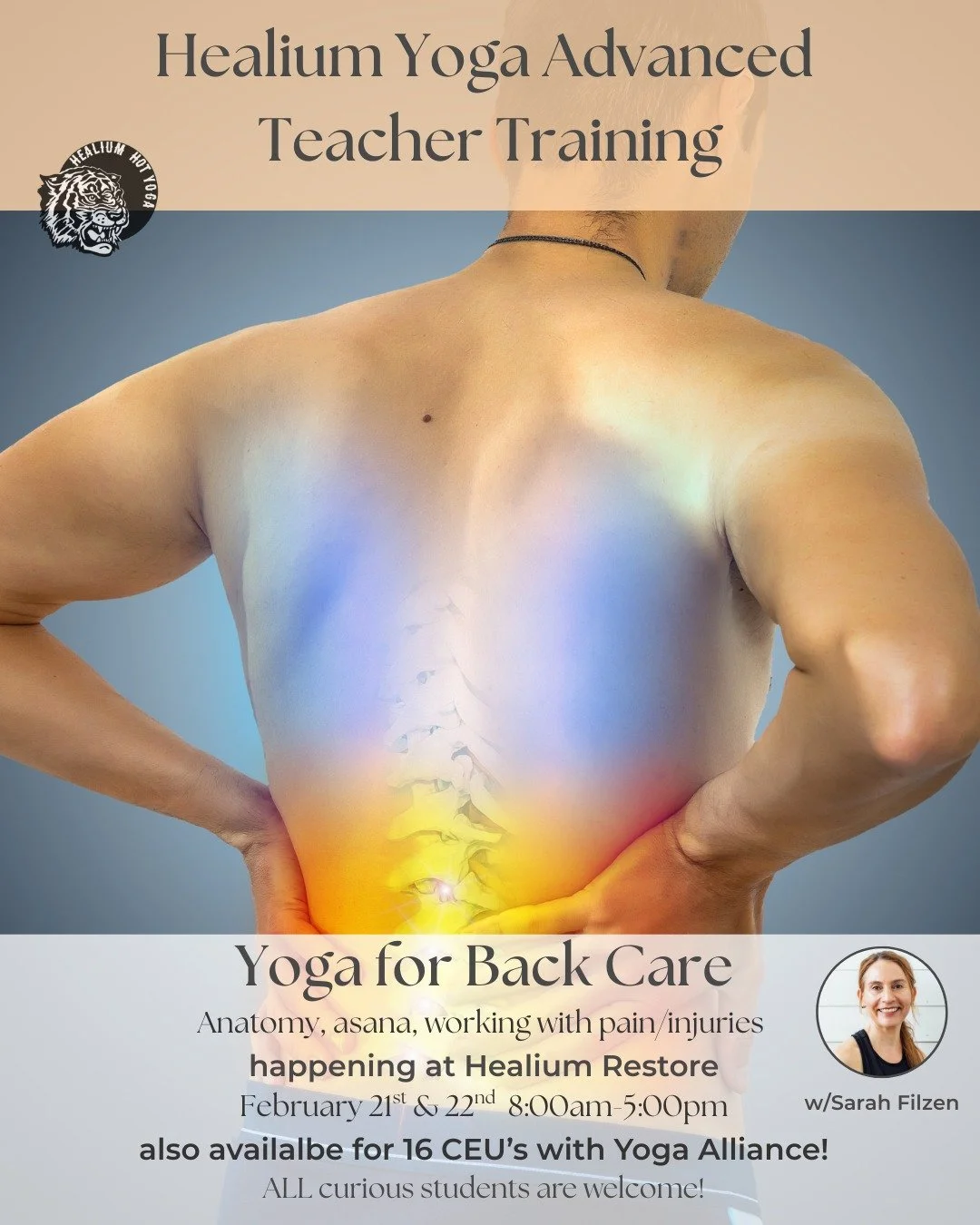 Yoga for Back Care Immersion 
Happening this weekend at Restore!

Join Sarah Filzen, eRYT 500, at Healium Restore on February 21st &amp; 22nd, 8:00am-5:00pm, for a two day workshop focusing on Yoga for Back Care. This weekend-long module will study t