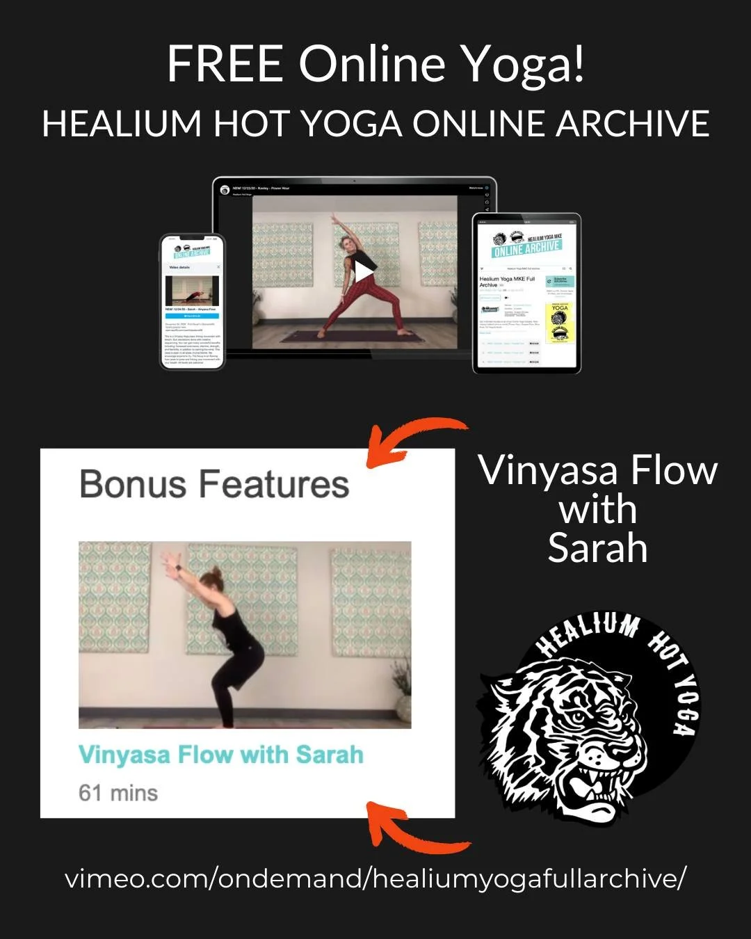 FREE Online Vinyasa Flow

Join Sarah for a FREE 60 minute Vinyasa Flow from February 2021 that focuses on hugging! (Hugging to the midline of the body &mdash; grab a block to squeeze for your practice)

No code, no membership. Just a digital device, 