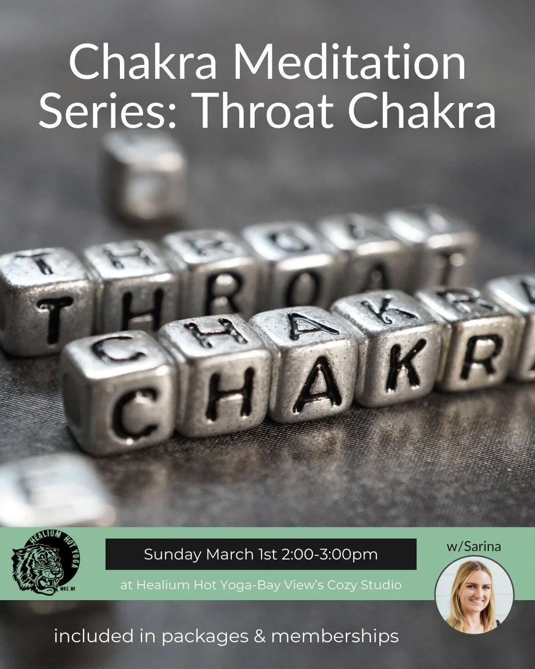 Chakra Meditation Series
Throat/Vishuddha 

Join Sarina on Sunday March 1st from 2:00-3:00pm at Healium Hot Yoga-Bay View&rsquo;s Cozy Studio for Chakra Meditation: the Throat/Vishuddha Chakra.

This event is part of a seven-part series that invites 