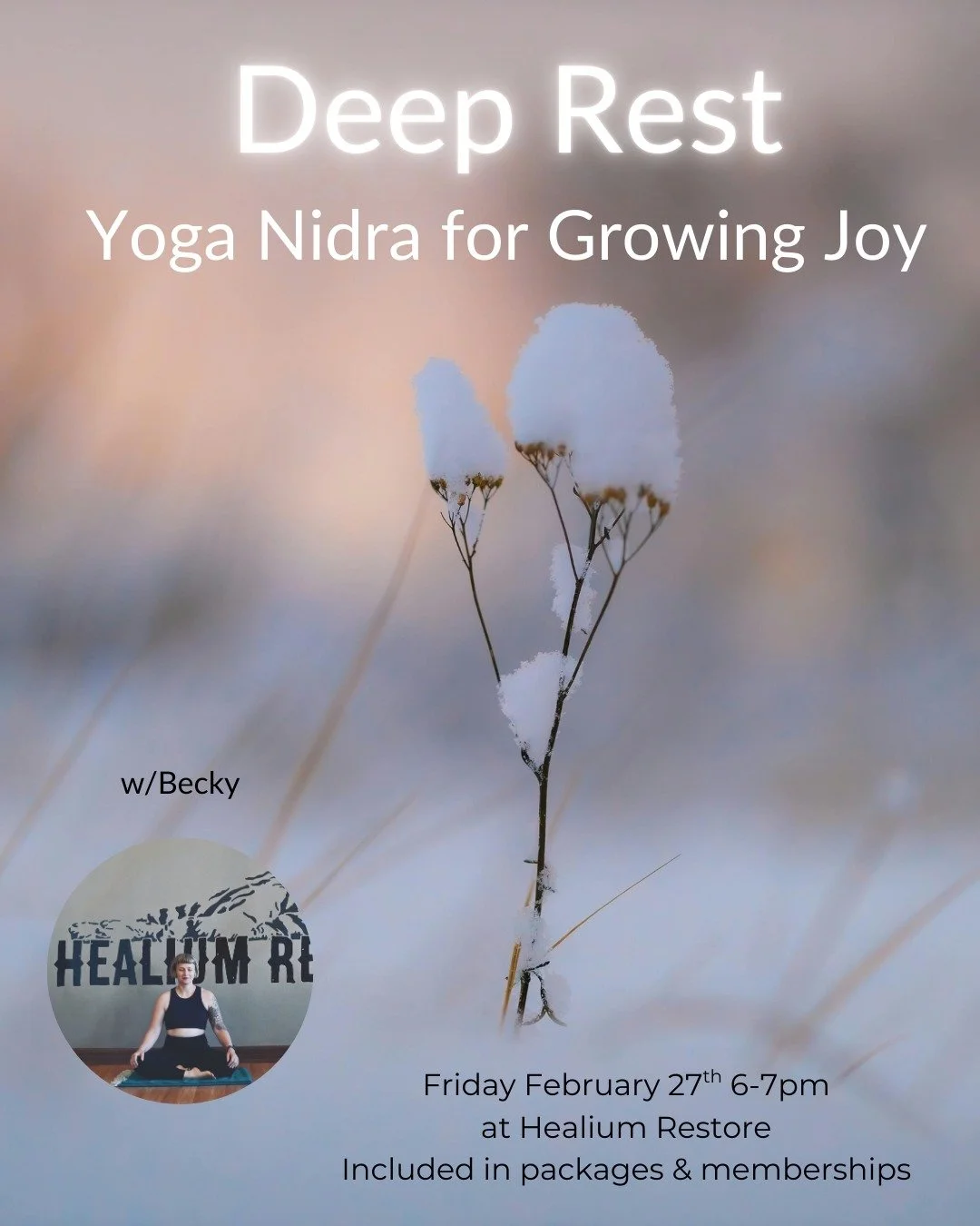 Deep Rest
Yoga Nidra for Growing Joy

Join Becky on Friday February 27th from 6:00-7:00pm at Healium Restore for Deep Rest Yoga Nidra for Growing Joy.

What is joy? What does it mean to us? Do we believe we are worthy and can we be more present for i