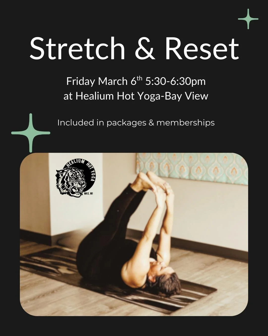 Stretch &amp; Reset
This Friday!
at Healium Hot Yoga-Bay View

Join Marisa on Friday March 6th from 5:30-6:30pm at Healium Hot Yoga-Bay View for a Gently Heated Stretch and Reset! The first half of class will be dedicated to stretching, the second de