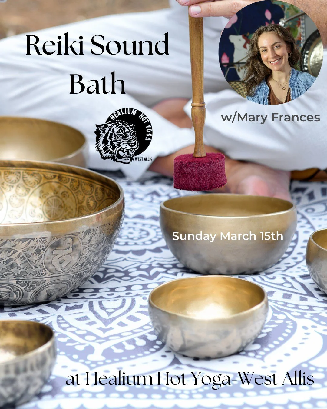 Reiki Sound Bath
w/guest teacher Mary Frances

Join Mary Frances at Healium Hot Yoga-West Allis on Sunday March 15th  from 6:00-7:30pm for an immersive sound bath experience that incorporates crystal singing bowls, chimes, and gongs - enhanced by Rei