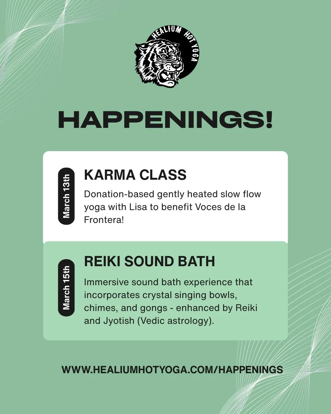 See what's happening in the Healium world this week! Join us for a Karma class to benefit a non-profit organization, Voces de la Frontera and an immersive Reiki sound bath experience. Learn more at www.healiumhotyoga.com/happenings.

 #healiumeverywh