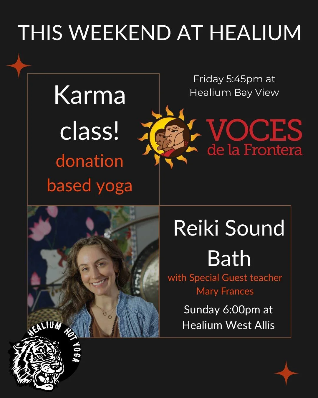 This weekend at Healium!

Tonight! at Healium Bay View
KARMA class to benefit Voces de la Frontera! Donation-based Gently Heated Slow Flow with Lisa. Donations from $10-$50 appreciated. 

Sunday at Healium Hot West Allis
Reiki Sound Bath with special