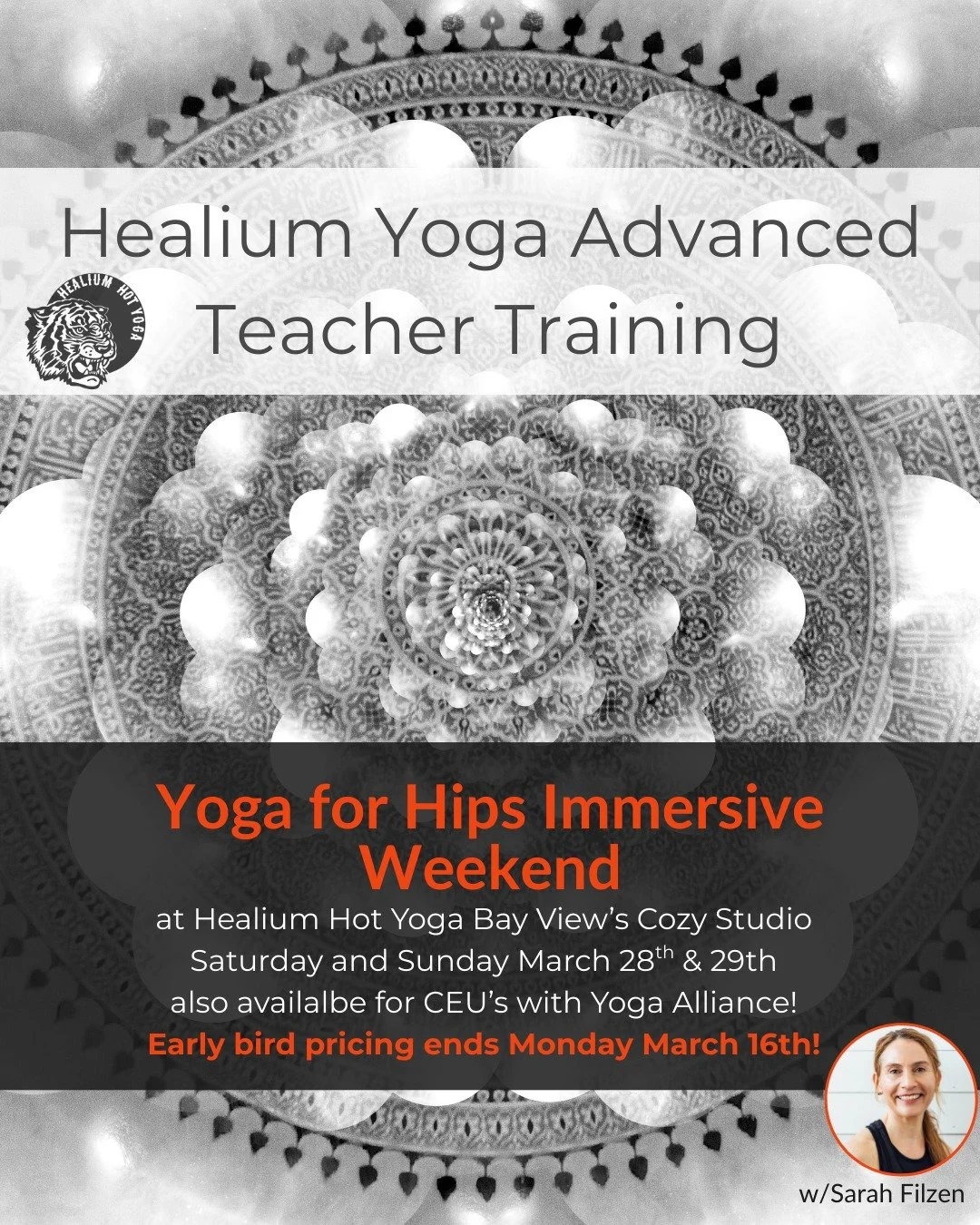 Yoga for Hips Immersive Weekend
Early bird pricing ends Monday! 

Join Sarah Filzen, eRYT 500, at Healium Hot Yoga-Bay View&rsquo;s Cozy Studio on Saturday and Sunday March 28th &amp; 29th from 10:00am-5:00pm for a two day workshop focusing on Yoga f